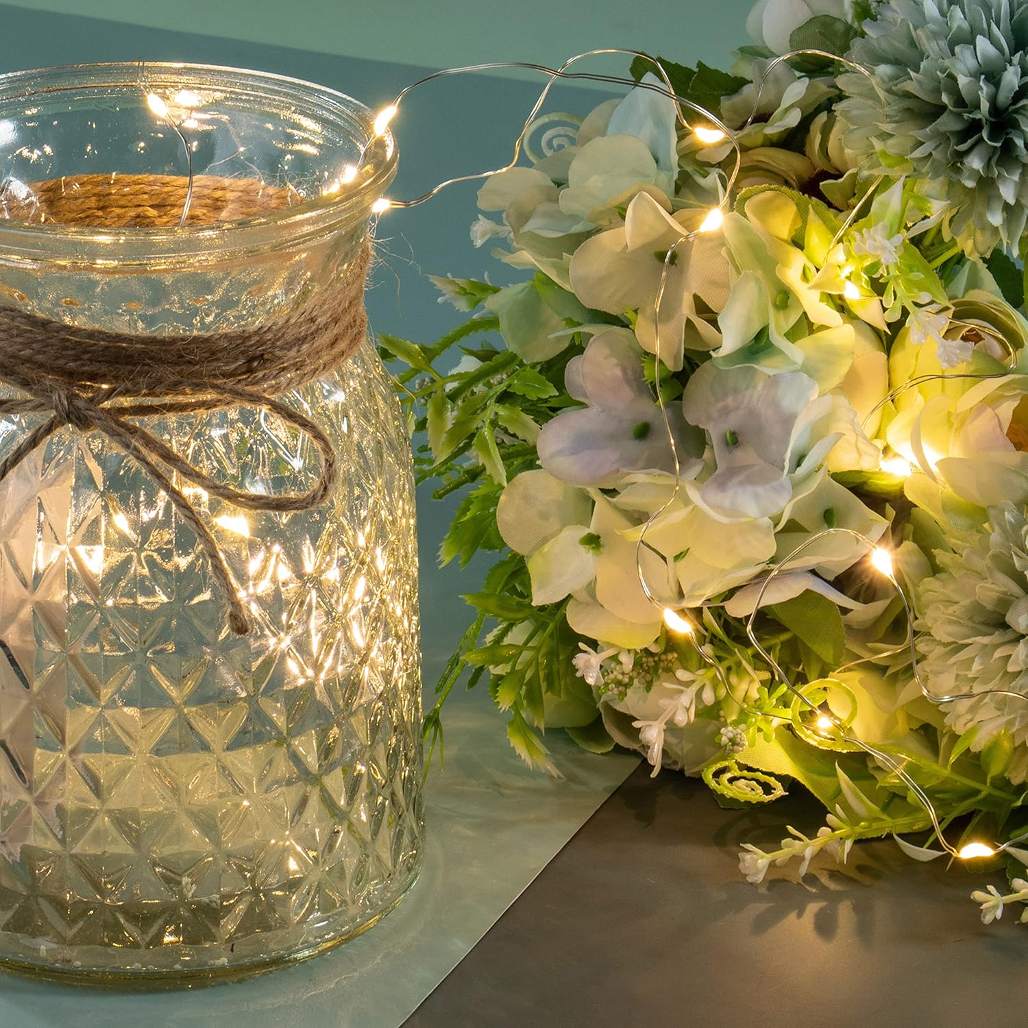Artificial Led Green Rose Flowers With Glass Vase, Remote Control Led Light, Flower Arrangement For Table Centerpiece, Home Office Wedding Decoration