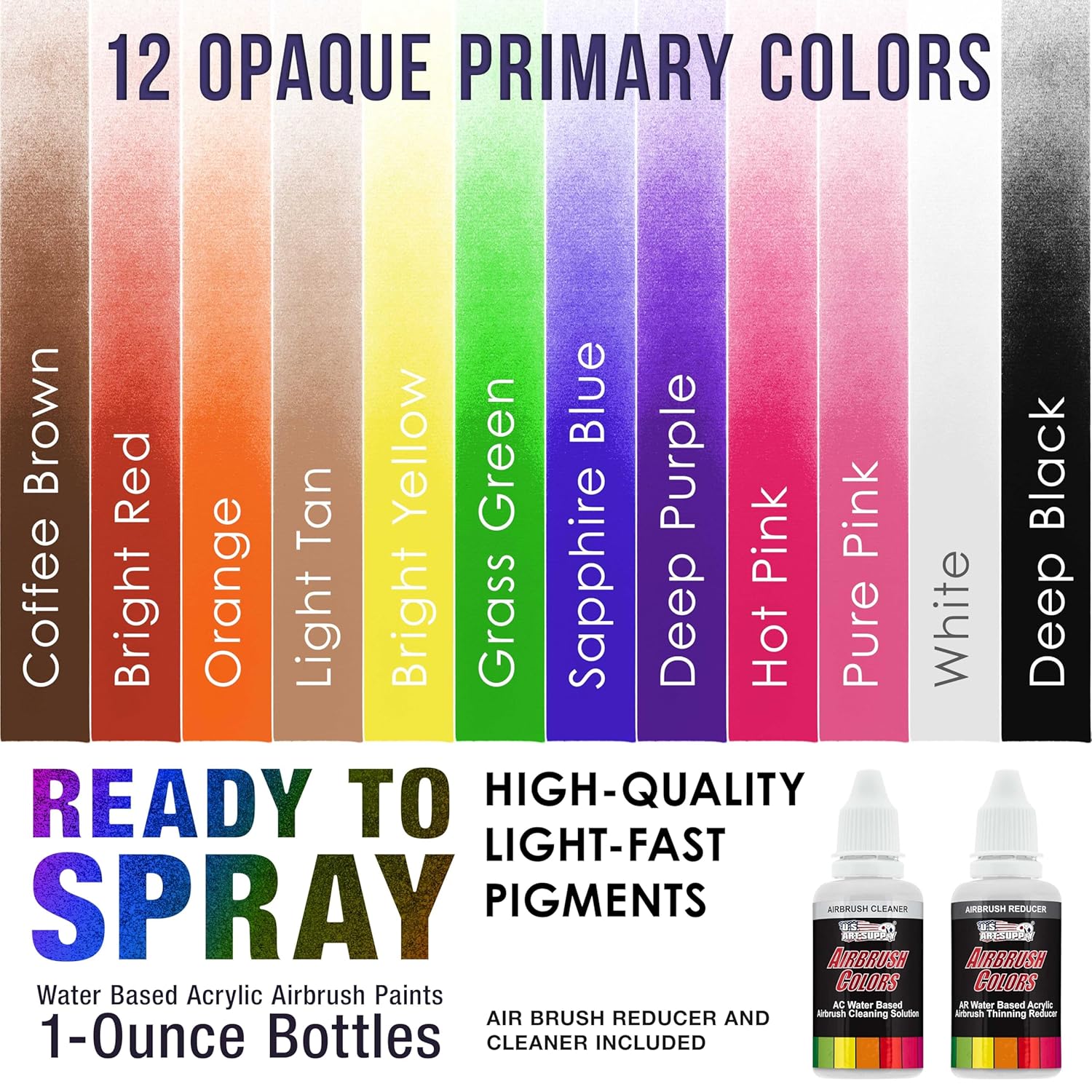 Airbrush Paint Set - 12 Color Ready To Spray Air Brush Paint, 1-Ounce Water-Based Acrylic Primary Opaque With Reducer & Cleaner For Painting Metal, Plastic Models, Canvas, Wood
