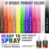 Airbrush Paint Set - 12 Color Ready To Spray Air Brush Paint, 1-Ounce Water-Based Acrylic Primary Opaque With Reducer & Cleaner For Painting Metal, Plastic Models, Canvas, Wood
