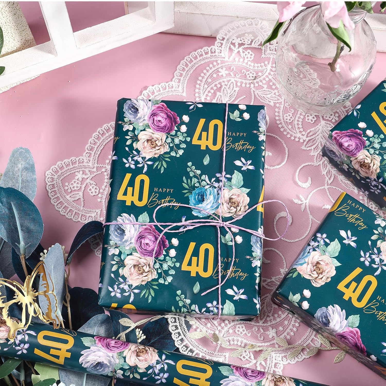 40Th Birthday Wrapping Paper For Women - Mini Roll - Flower Blooms Pattern With 40" Design Gift Wrap Paper For 40Th Birthday, Party And More - 17 Inches X 16.4 Feet, 40 Years Old