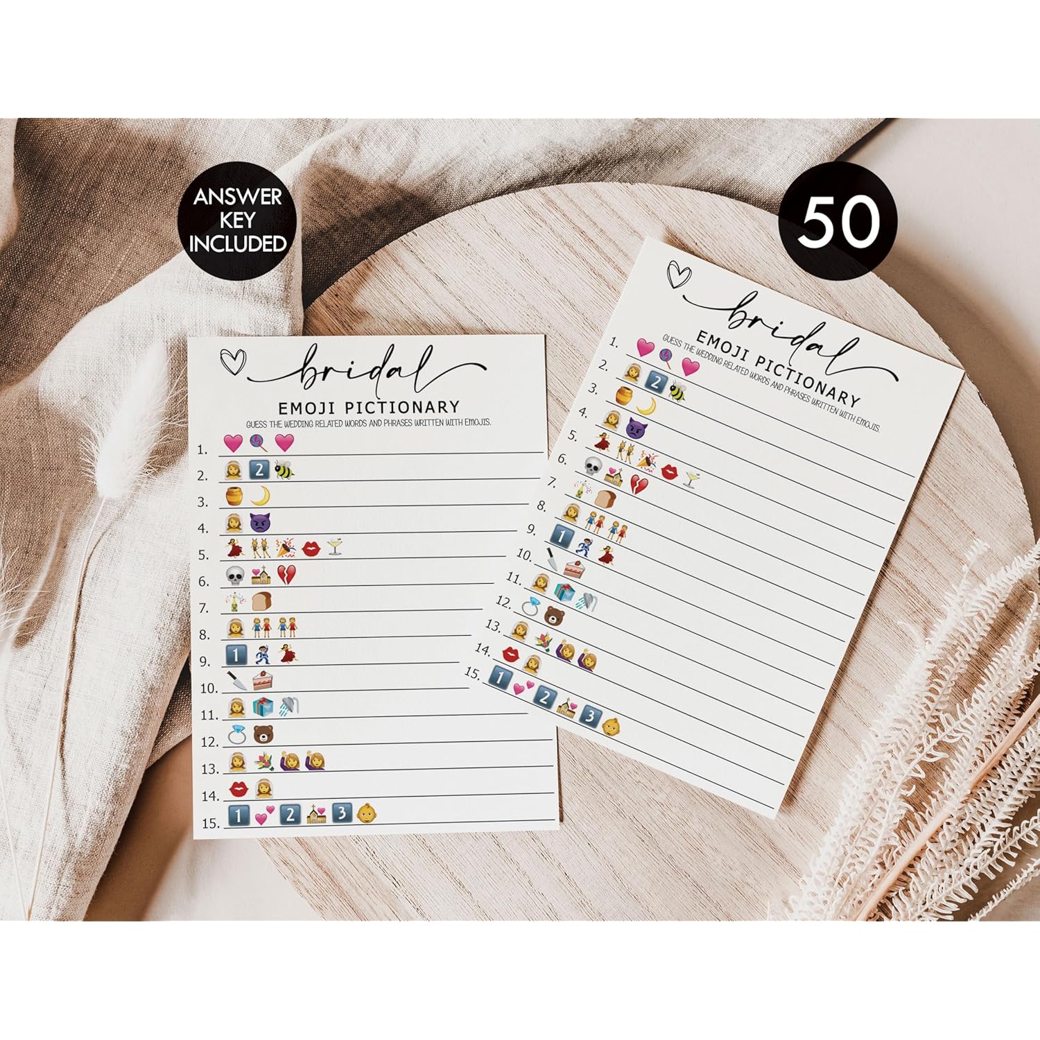 50 Bridal Shower Games Emoji Pictionary (50-Cards) Fun Wedding Game Activity, Decorations, Engagement Party, Rehearsal Dinner, Minimalist Script
