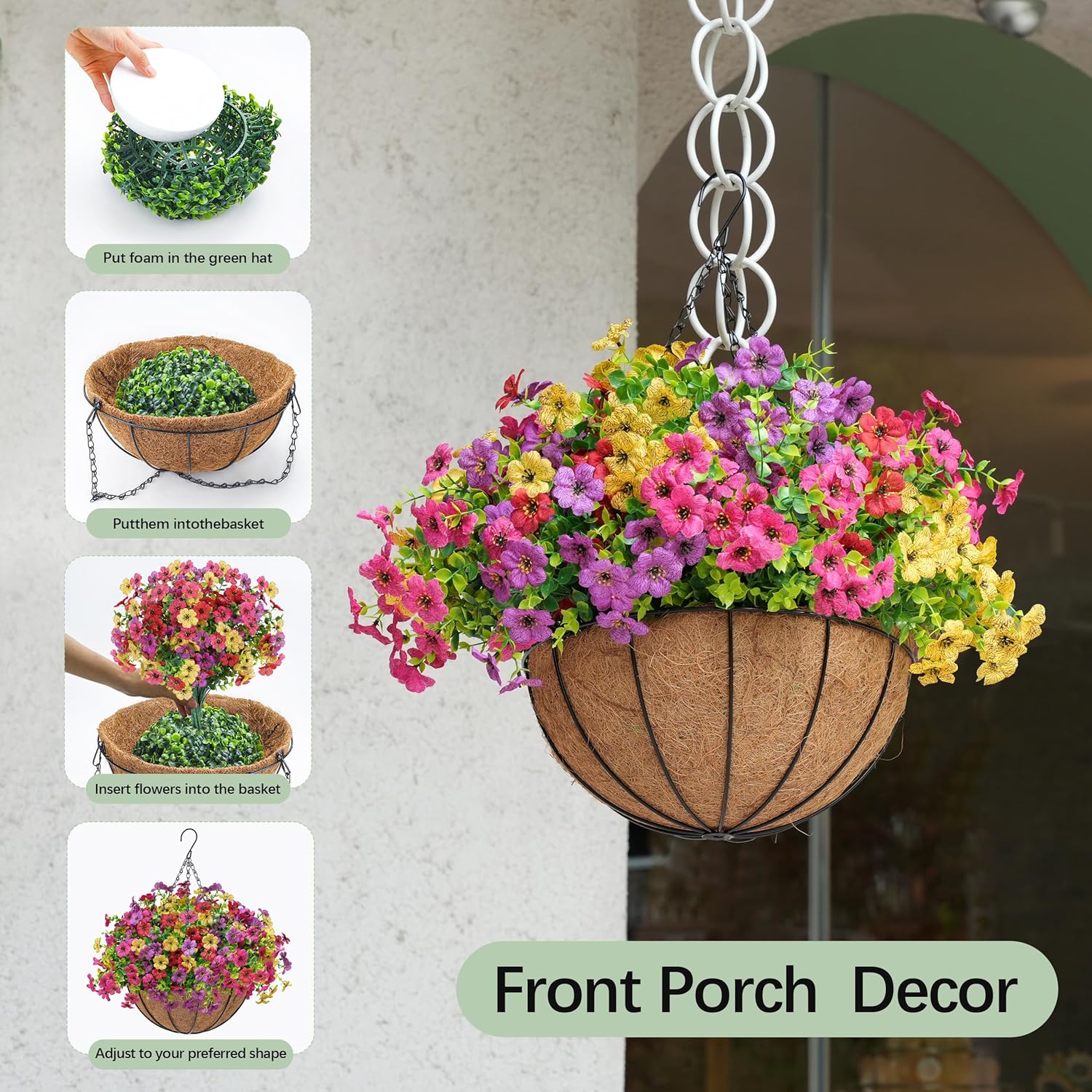 Artificial Hanging Flowers Basket For Outdoors Fake Hanging Plants Spring Summer Decoration Uv Resistant For Garden Front Porch Patio Balcony Decor