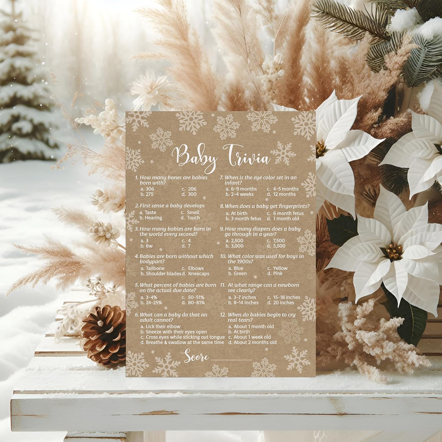 Snowflakes Baby Shower Game — Baby Trivia Game — Pack Of 25 — Winter Wonderland Baby Shower Game, Fun Baby Facts Game It’S Cold Outside Baby Shower Activity Gender Neutral Baby Shower Game G782-Trv