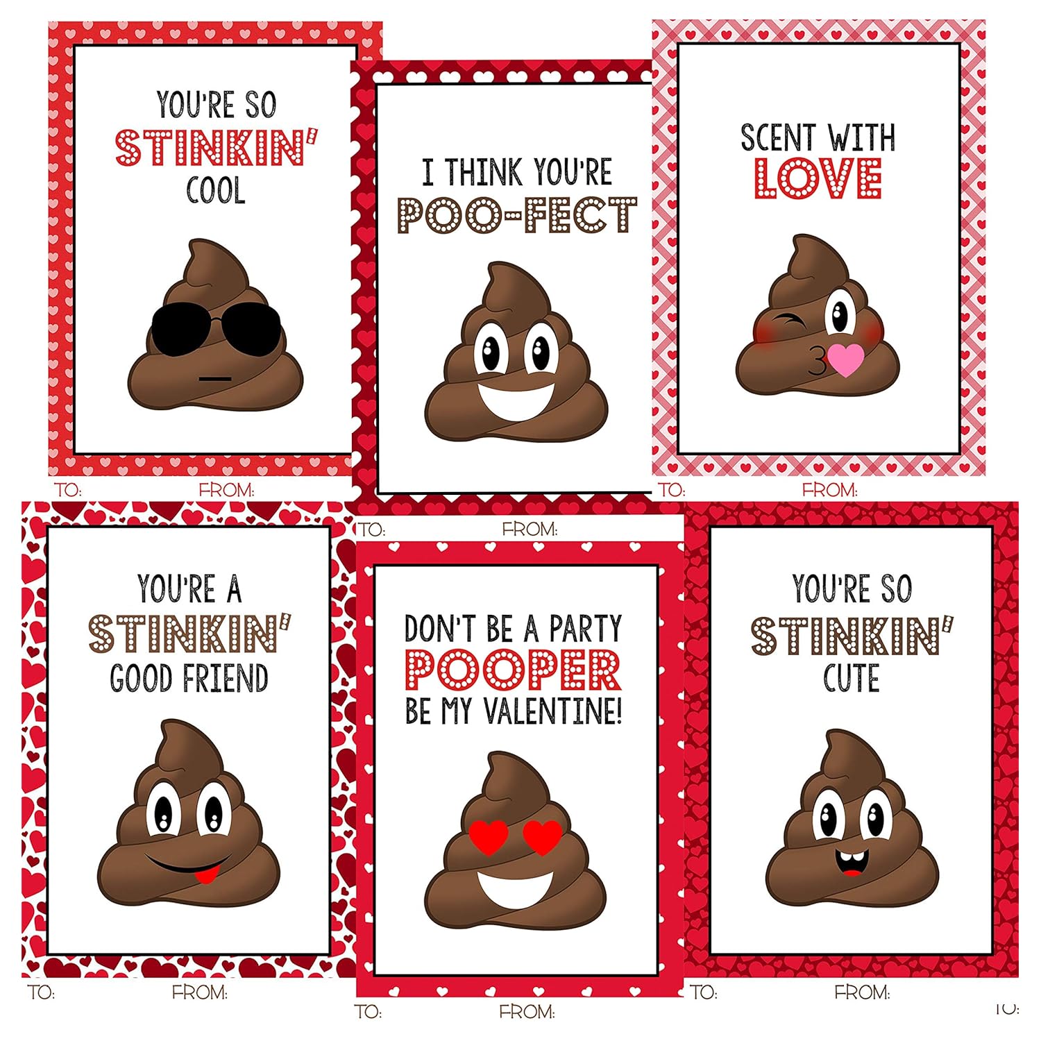 Poop Emoji Funny Themed Valentine Day Classroom Sharing Card Set (24 Included) Class Exchange Kids Valentine'S Pack