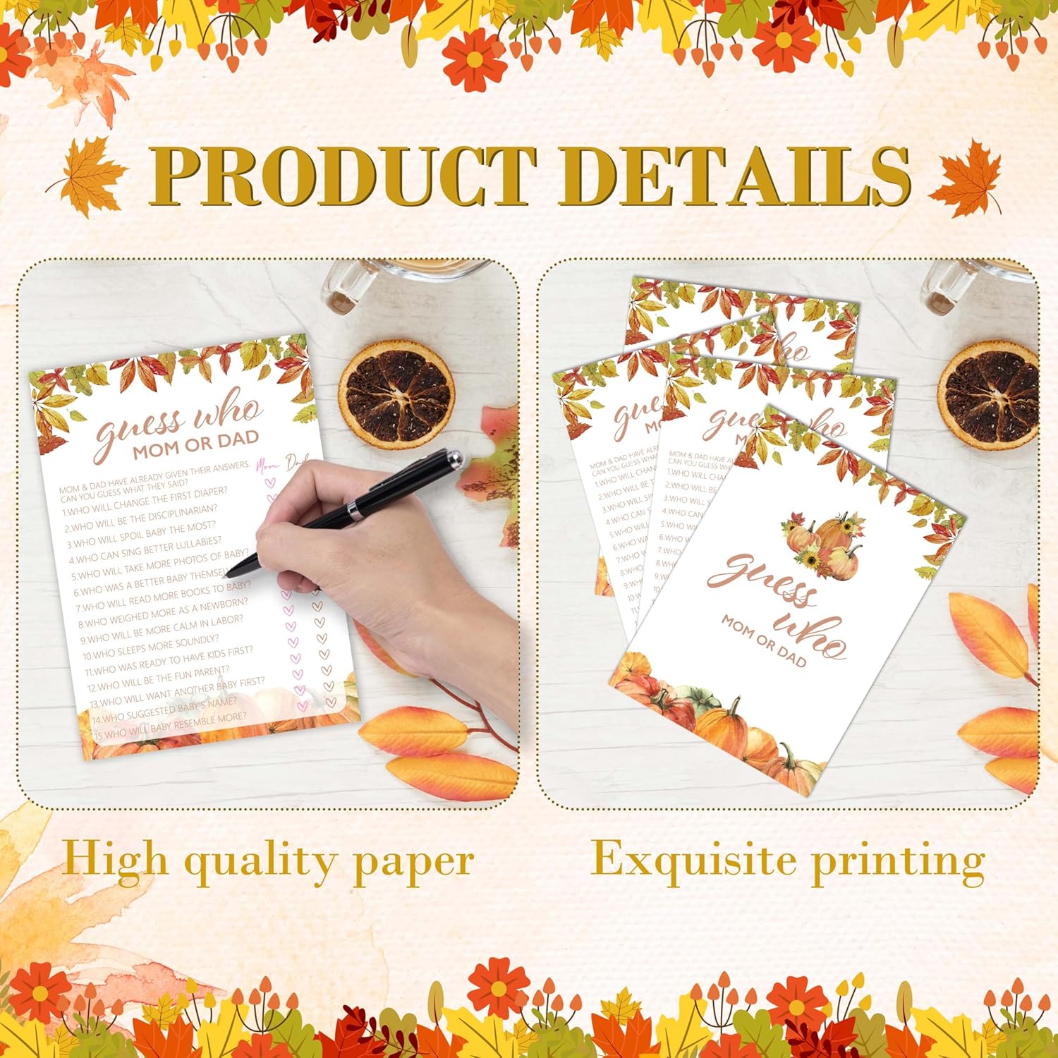 Fall Baby Shower Games, Guess Who Mom Or Dad Game Cards, 5X7 In, Thanksgiving Baby Shower Party Favor Decorations Supplies - A03