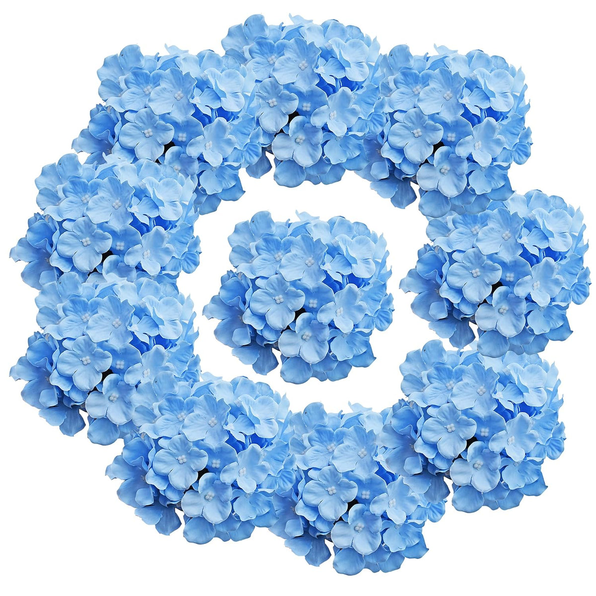 Sky Blue Silk Hydrangea Flower Heads 10 Pcs With Removable Stems 12.5" Faux Flowers For Home, Wedding & Event Décor