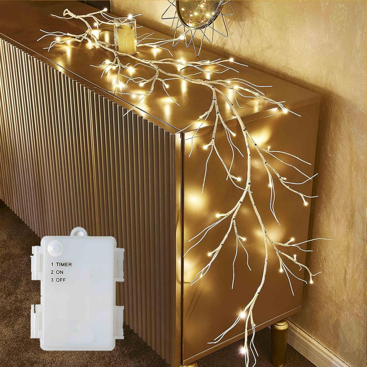 Birch Garland With Lights 6Ft 48 Led Battery Operated, Lighted Twig Vine With Timer For Christmas Home Fireplace Decorat