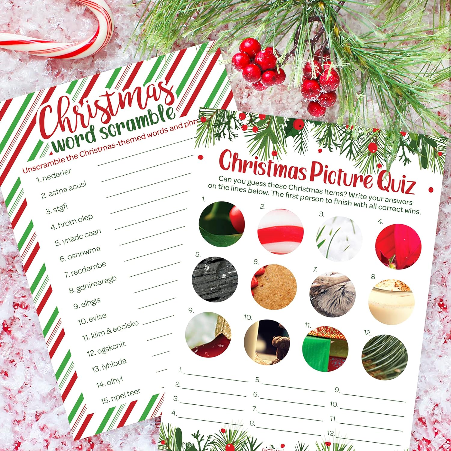 Christmas Party Games, Festive Holiday Word Scramble And Christmas Picture Quiz (2 Game Bundle) - 25 Dual Sided Cards