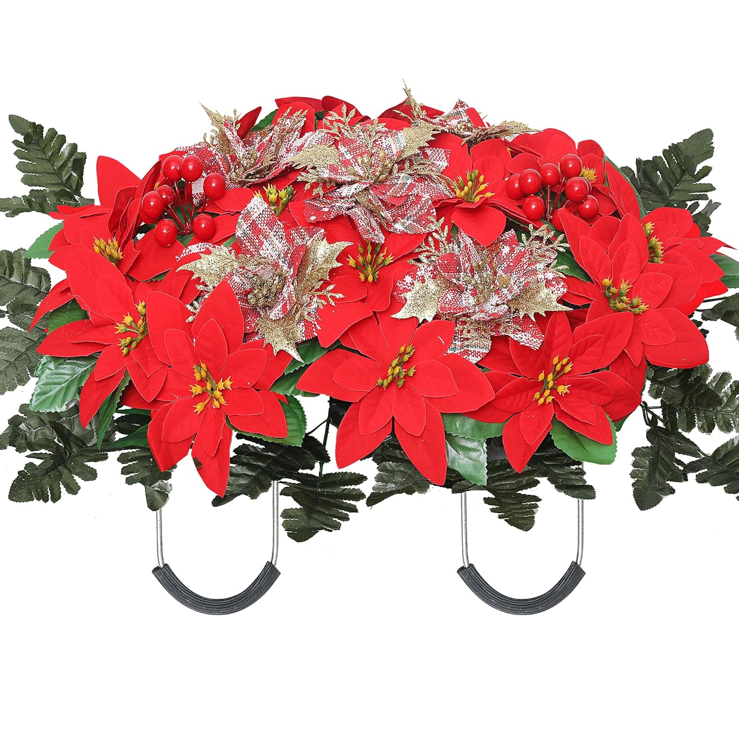 Christmas Cemetery Flowers For Grave Headstone Flower Saddle Artificial Red Poinsettia Berry Bow Grave Flowers For Winter Outdoor Grave Decorations (Red)