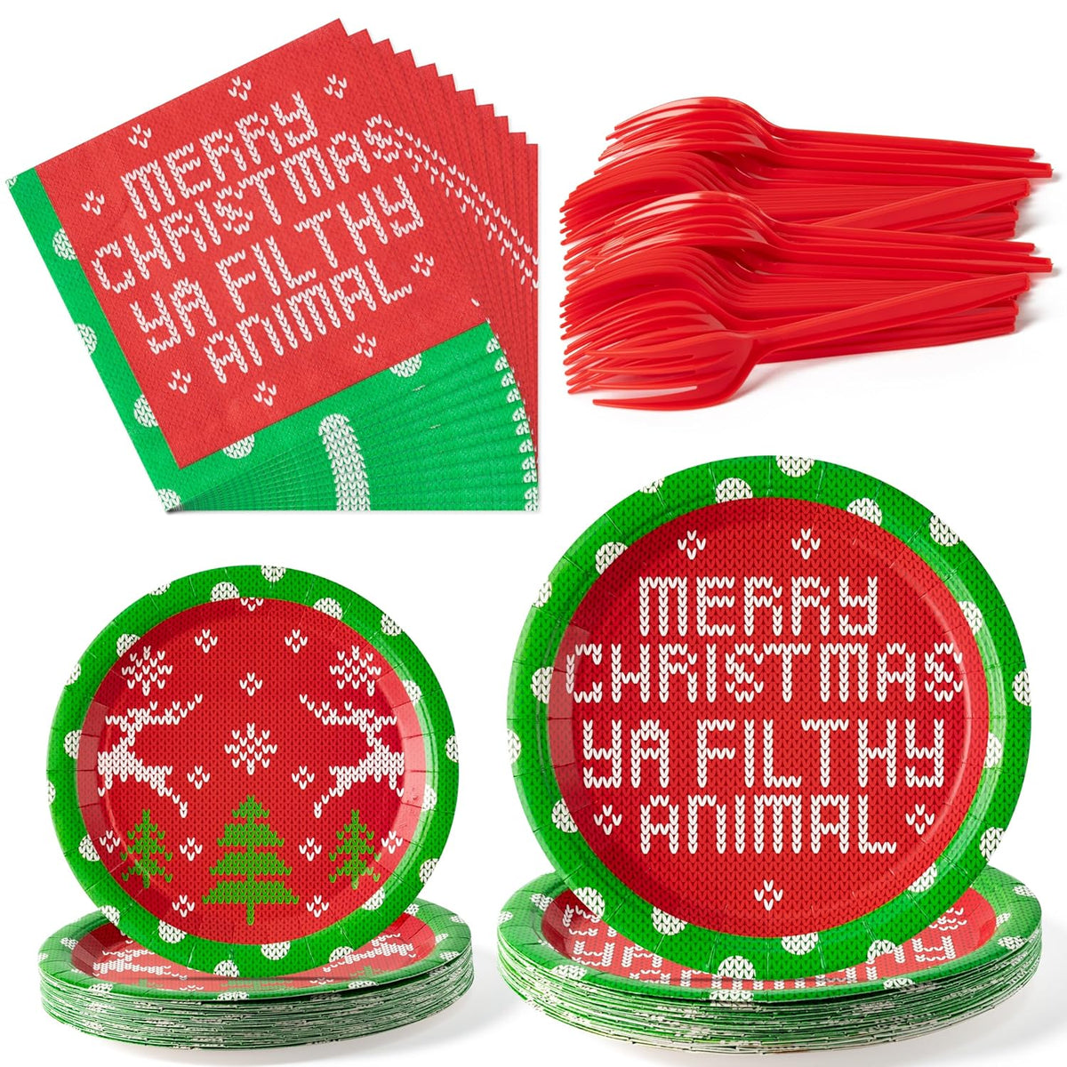 Christmas Plates Napkins Tableware - 96Pcs Funny Xmas Movie Party Forks Dinnerware Set Decoration Supplies, Merry Christmas Ya Filthy Animal Disposable Tableware Favor For Holiday (24 Guests)