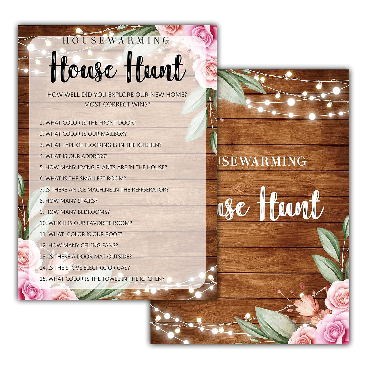 Housewarming Party Games, House Hunt, Rustic Floral New Home, New House, New Homeowner Party Games Cards, 30 Sheets Each Pack