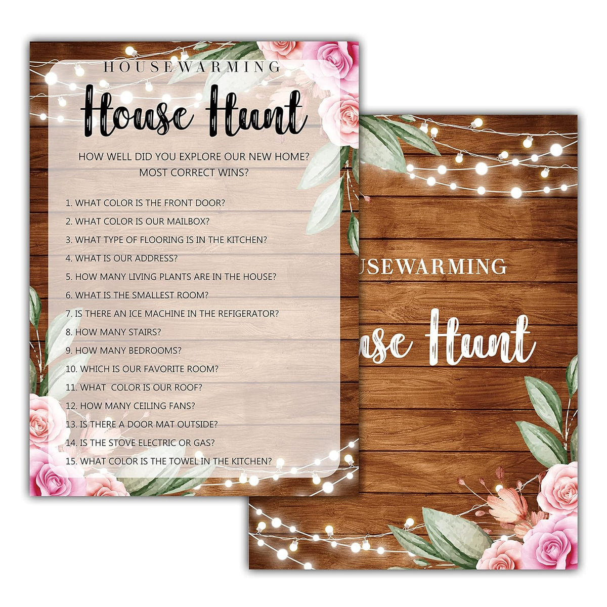 Housewarming Party Games, House Hunt, Rustic Floral New Home, New House, New Homeowner Party Games Cards, 30 Sheets Each Pack