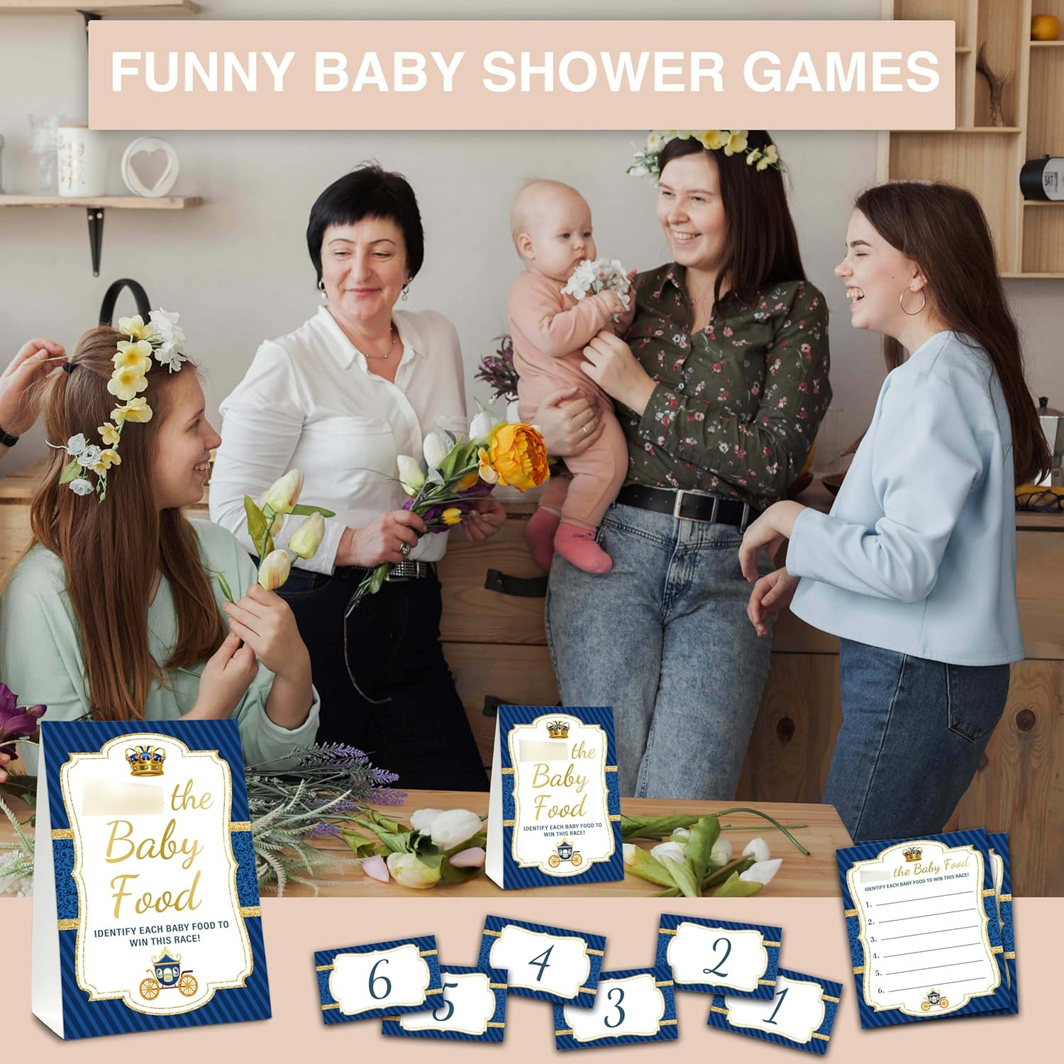 Find The Baby Food Party Games, Prince Baby Shower Game Set (1 Standing Sign + 20 Answer Cards + 6 Number Cards), Navy Blue And Gold Name The Baby Food Game, Baby Shower Favors Decorations(01)