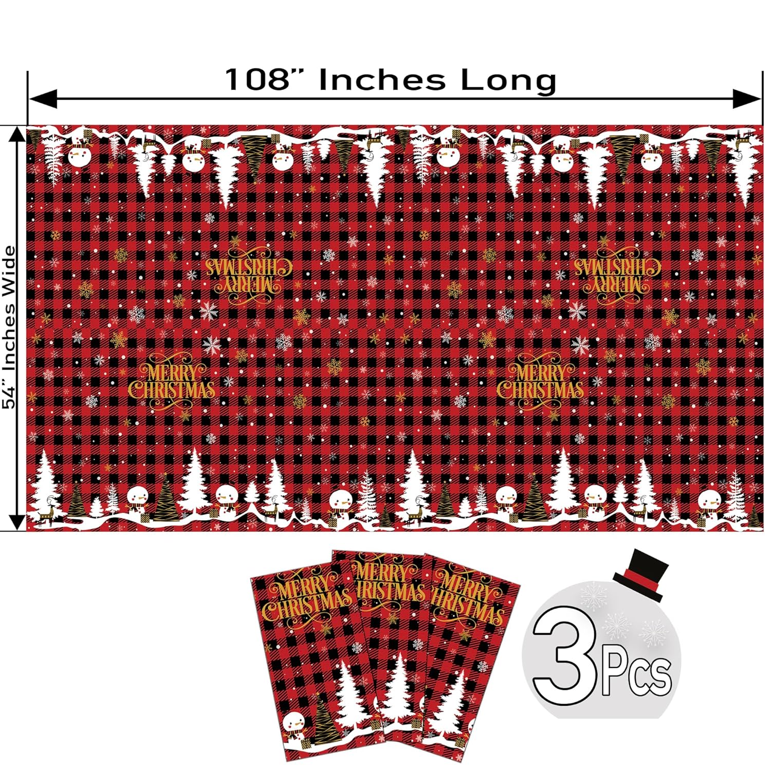Christmas Plastic Tablecloth | 3 Pcs Pack (54” Inch Wide X 108” Inch Long) | Xmas Rectangular Table Cover | Snowman, Merry Christmas Table Decoration | Christmas Party Decorations Tablecover