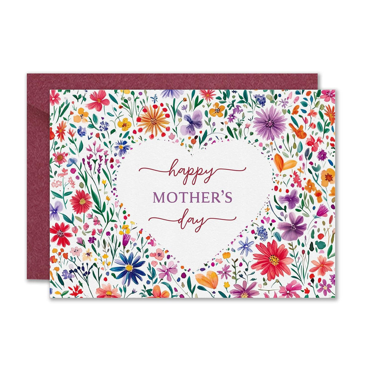 Floral Mother’S Day & Birthday Card For Mum | Elegant Wildflower Design | Includes Burgundy Envelope | Blank Inside For Personal Message | Perfect For Mum, Grandma, Or Any Special Woman (Heart Mother'S Day)