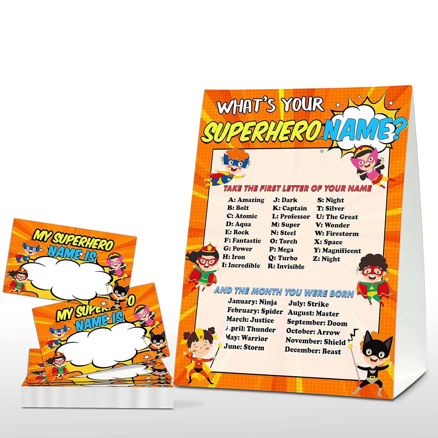 What'S Your Superhero Name Game - Super Hero Birthday Party Games For Boys - Family School Classroom Activity - 1 Standing Sign And 30 Stickers - Kids Superhero Party Supplies Decorations(10)