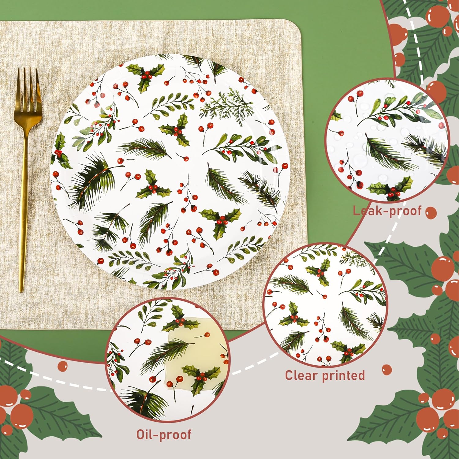 48Pcs Christmas Paper Plates Holly Berries Disposable Party Plates Festive Red Green Holiday Dinnerware Merry Christmas Winter Round Plates For New Year Gatherings Party Table Supplies