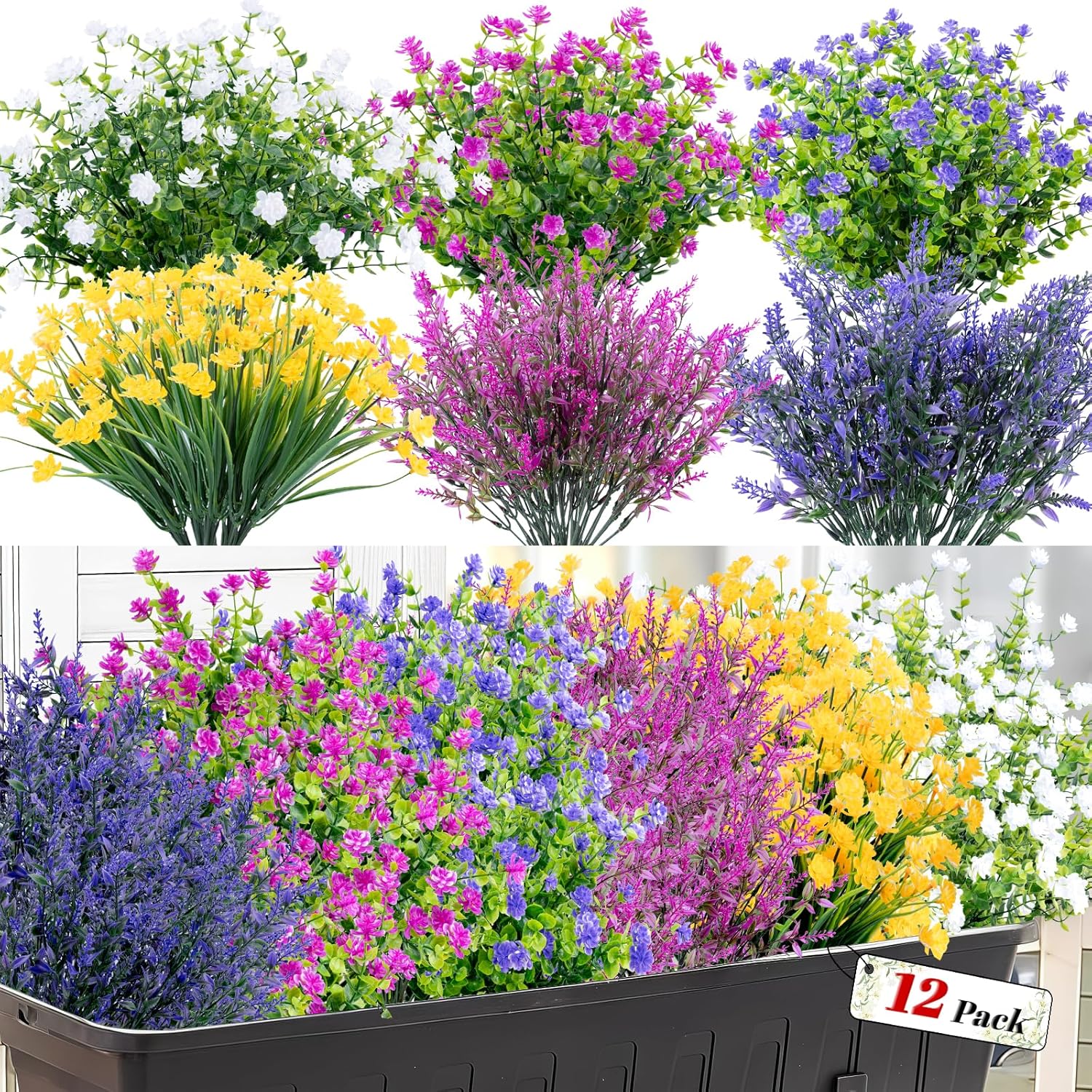 12 Bundles Uv Resistant Artificial Flowers, Bendable Stems, Outdoor Fade Proof Mixed Bouquet Fake Plastic Plants Faux Camellia Eucalyptus Lavender For Garden Patio Window Box Decor