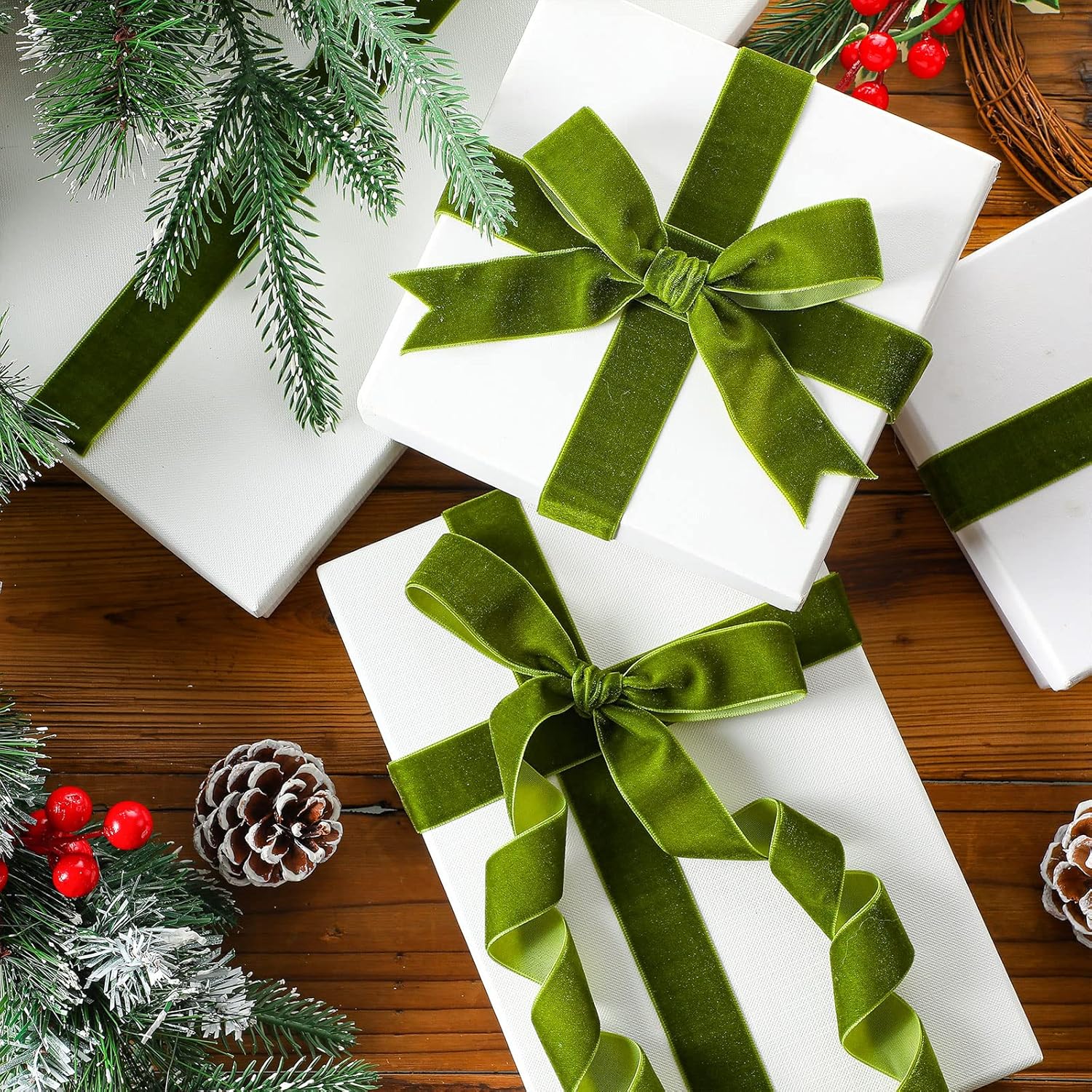 1 Inch, 30 Yard Christmas Olive Green Velvet Ribbon Wide Vintage Velvet Ribbons For Christmas Tree Ornaments Flower Bouquets Baby Shower Wedding Wreath Bow Making Diy Craft Choker