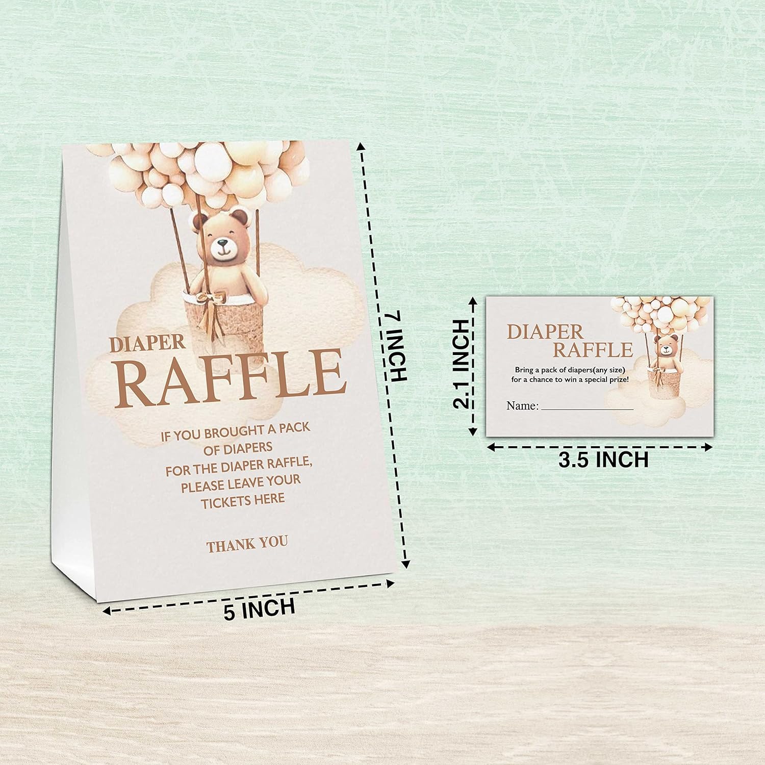 Diaper Raffle Party Games, Boho Bear Balloon Baby Shower Game, Watercolor Brown Themed Baby Gender Reveal Party Supplies & Activities -1 Double Sided Standing Sign + 50 Guessing Cards (A11)