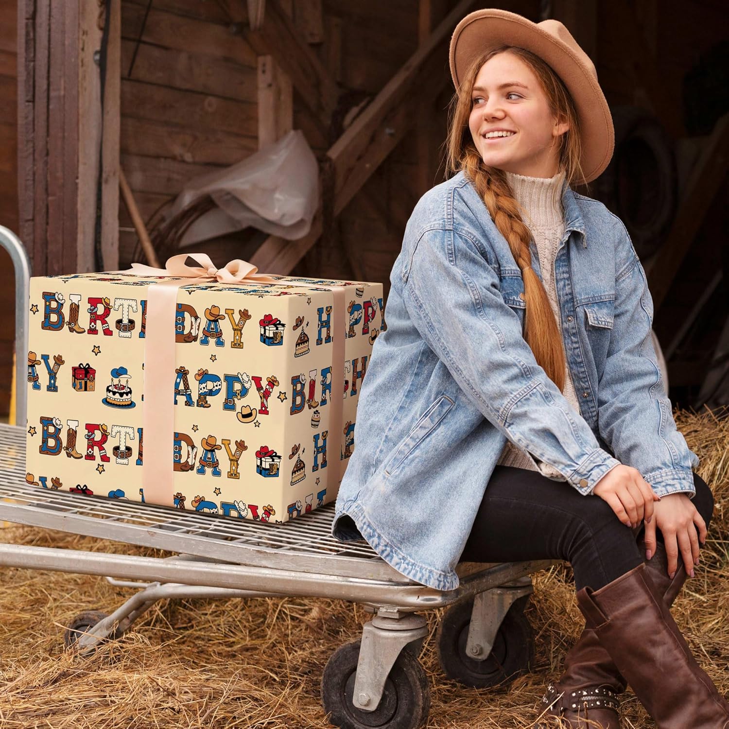 Cowboy Birthday Wrapping Paper - 4 Jumbo Sheets, 28 * 40 Inches - Western Farm Gift Wrap With Cowboys Hat Boots Cake, And Happy Birthday, Perfect For Kids Boys Girls Birthday, Baby Showers