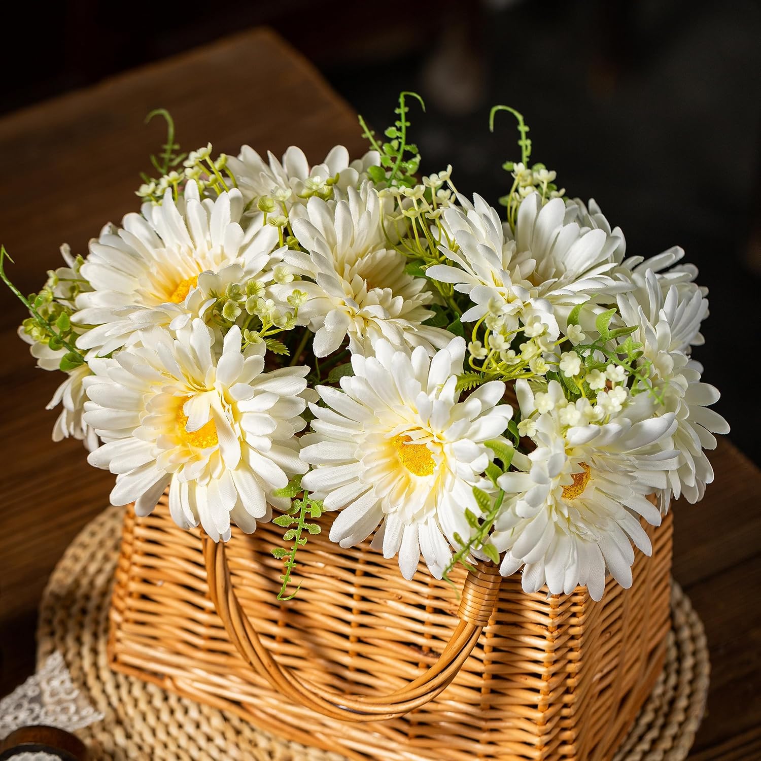 Fake Flowers Artificial Daisies & Gerbera Bouquet Silk White 10 Stems Match With Wild Flowerets