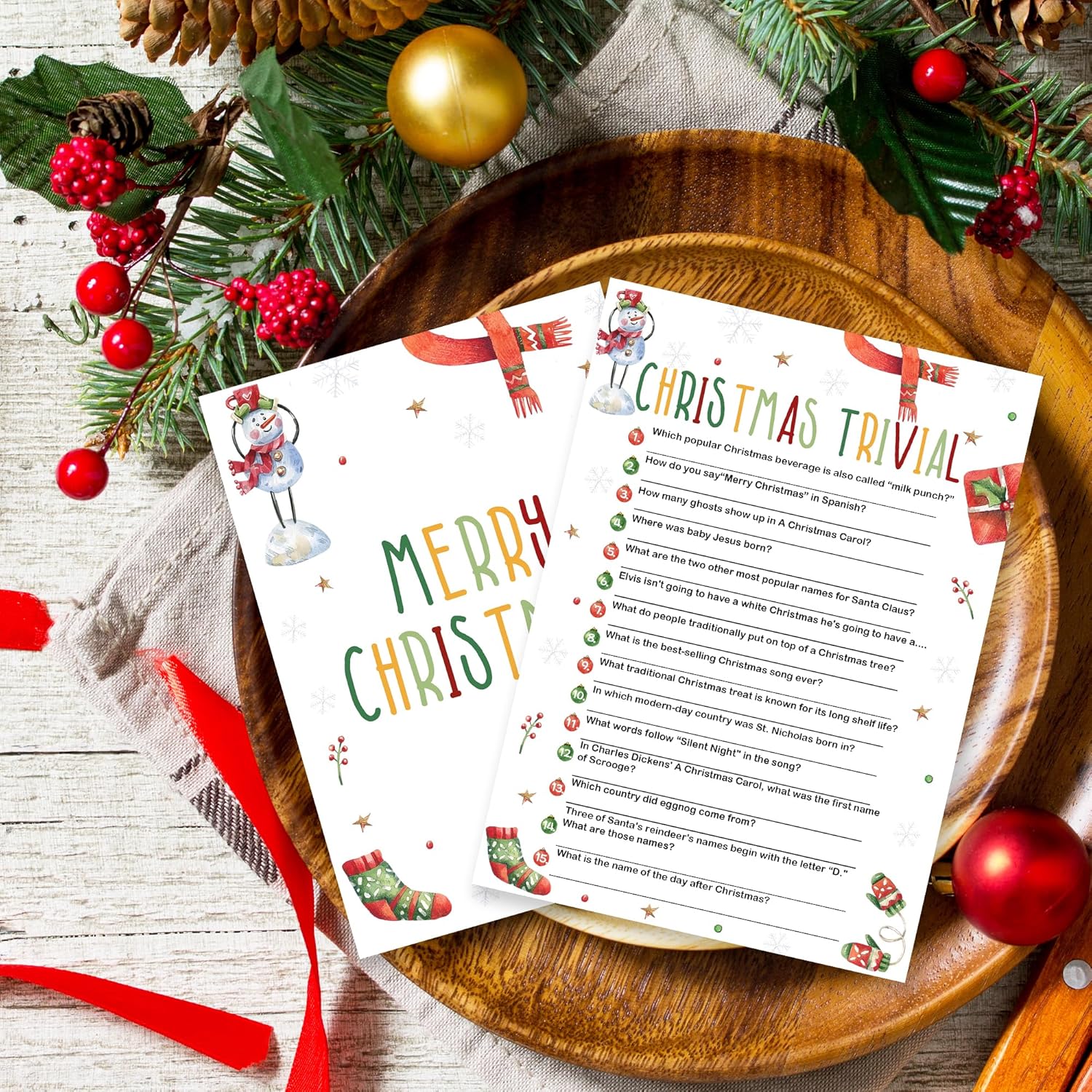 Christmas Trivial Party Game Card Set - 20 Christmas Game Cards With 1 Answer Card - Funny Holiday Activity For Family Adults & Teens - Xmas Party Decoration & Supplies(Snowman Sock)- A02