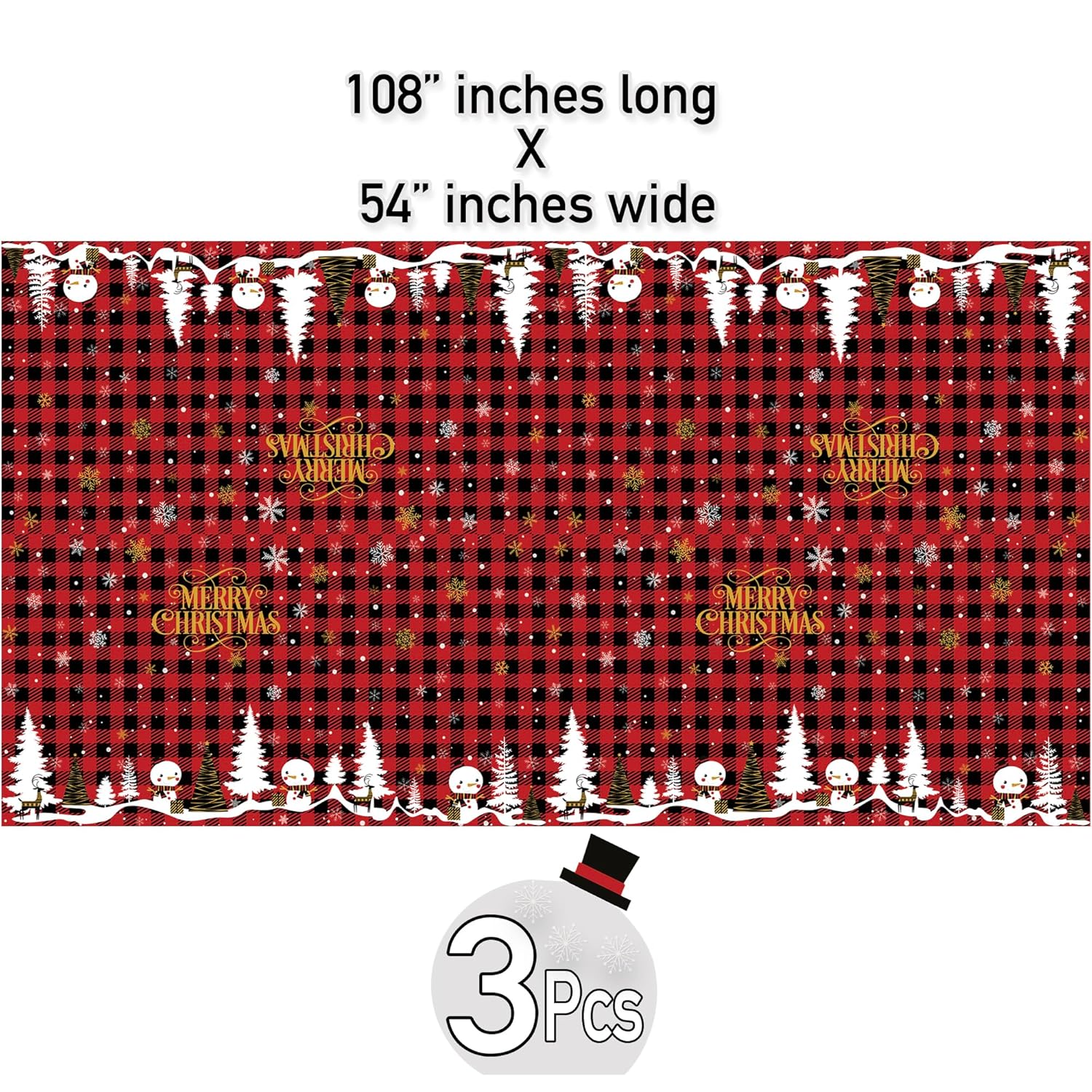 Christmas Plastic Tablecloth | 3 Pcs Pack (54” Inch Wide X 108” Inch Long) | Xmas Rectangular Table Cover | Snowman, Merry Christmas Table Decoration | Christmas Party Decorations Tablecover