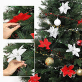 40Pcs Poinsettia Artificial Christmas Flowers With 40Pcs Clips And 40Pcs Stems Red Silver Xmas Flowers Glitter Christmas Tree Ornaments Xmas Wedding Party Decoration New Year Ornaments