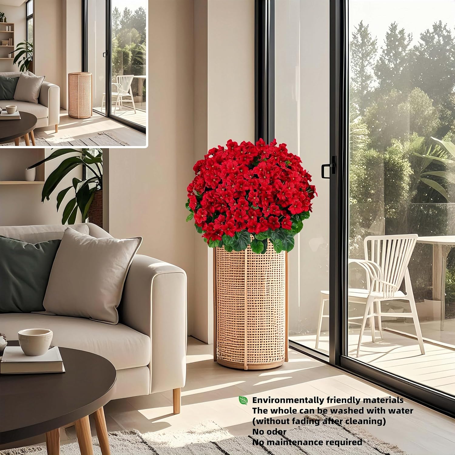 Artificial Topiary For Outdoors- 20” Potted Plant Fake Geraniums Bush-Uv Resistant Artificial Outdoor Plant For Front Porch, Garden, Yard, Patio Decor (Red)