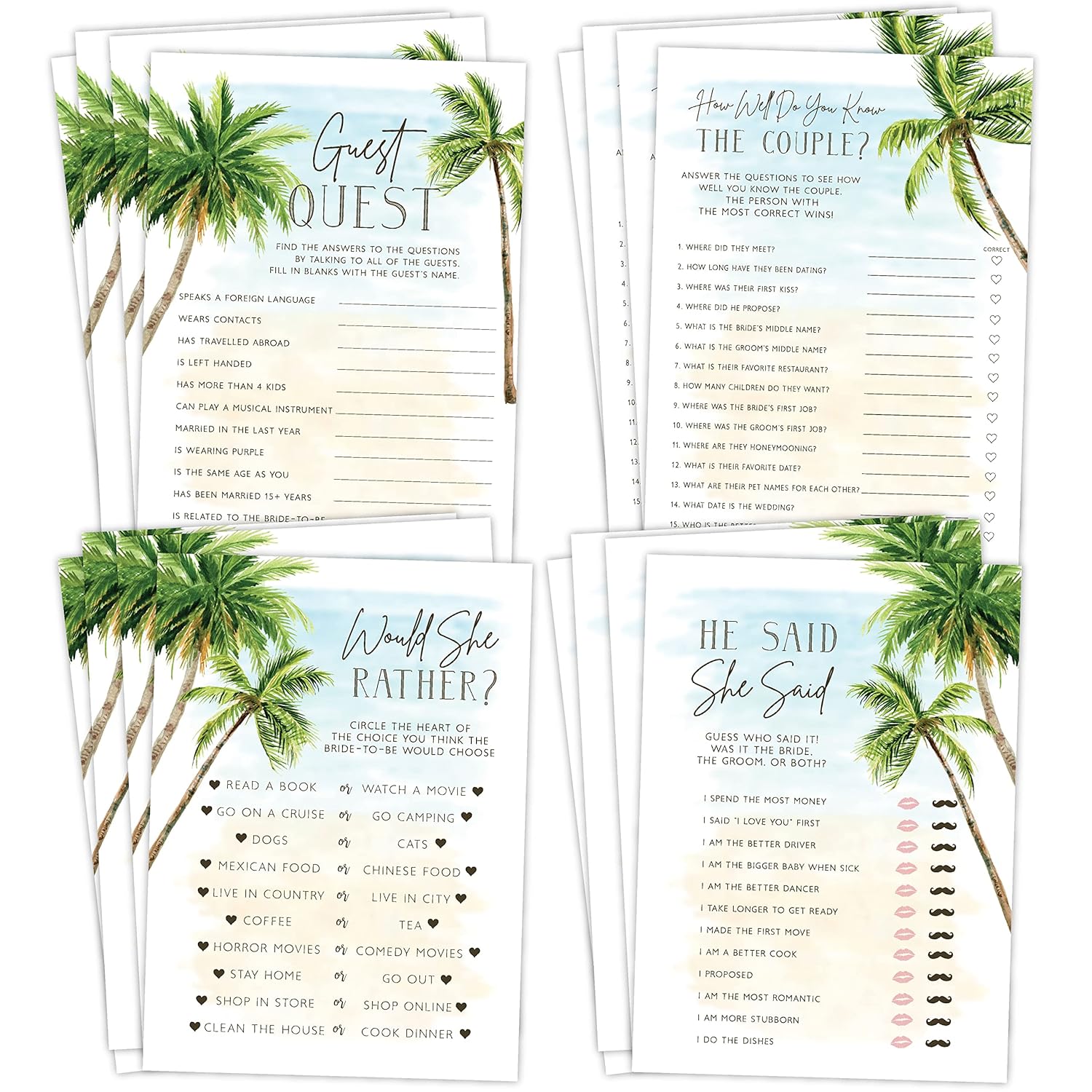 Palm Tree Beach, Wedding Bridal Shower Games Guest Quest, He Said She Said, Would She Rather, How Well Do You Know(Set Of 4 Fun Activities For 25 Guests)
