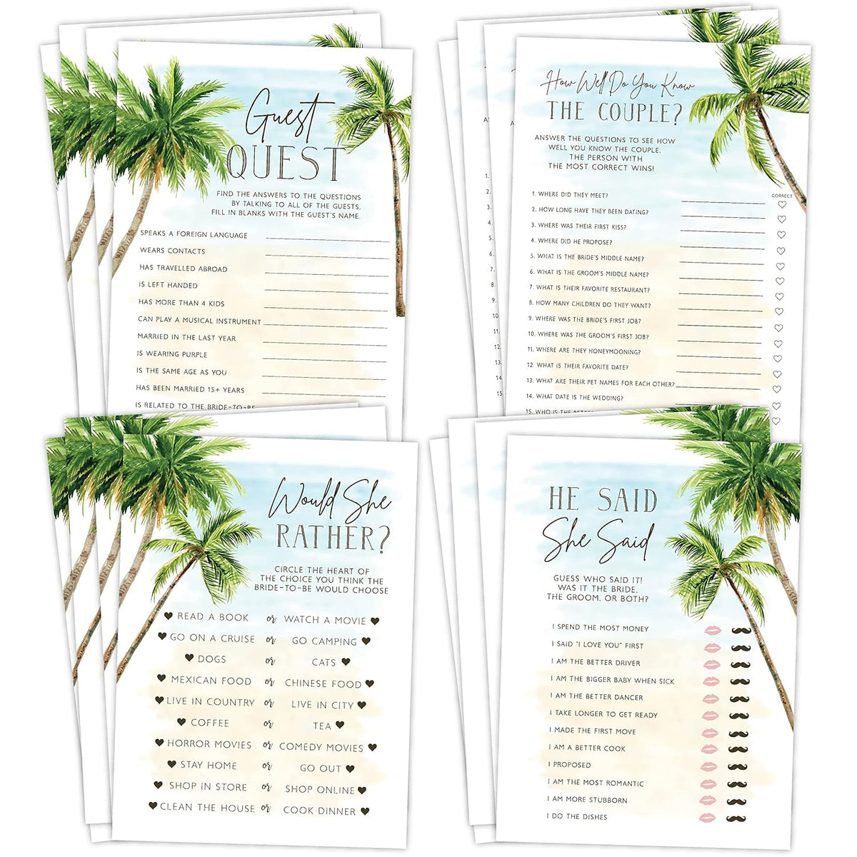 Palm Tree Beach, Wedding Bridal Shower Games Guest Quest, He Said She Said, Would She Rather, How Well Do You Know(Set Of 4 Fun Activities For 25 Guests)