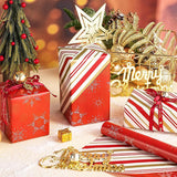 Red Christmas Wrapping Paper Roll, Gold Snowflakes And Holiday Stripes Reversible Elegant Design For Festive Winter Holiday, Family Gathering, For Girls, Kids, Mini Roll 17 In X 16.4 Ft