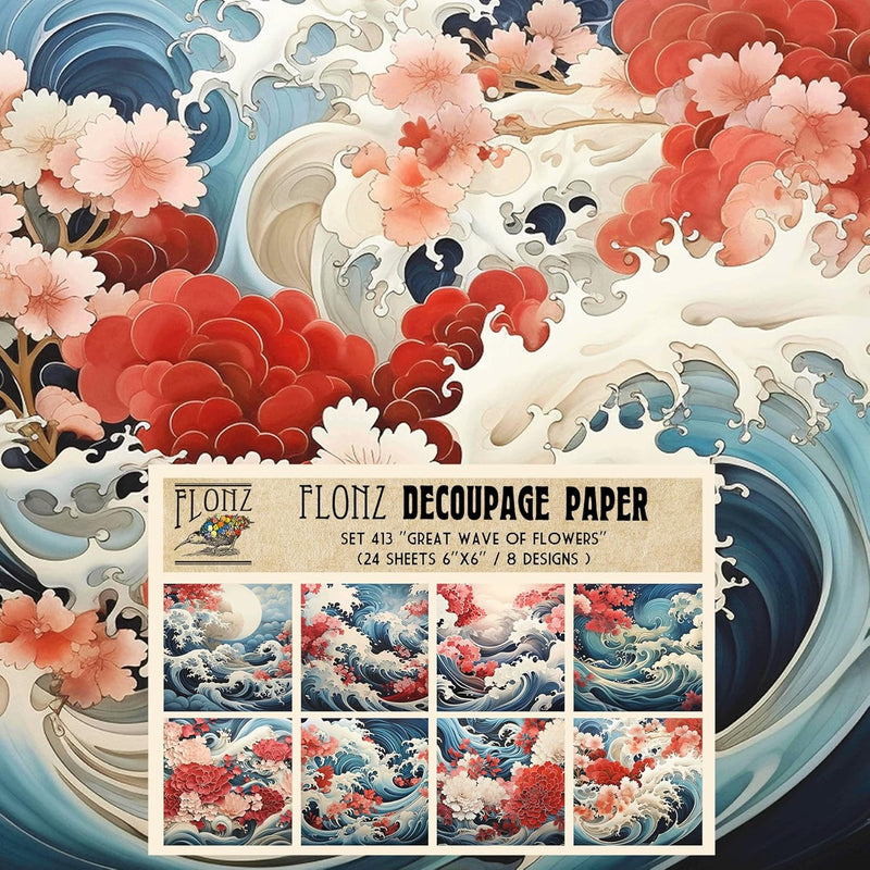 Decoupage Paper Pack (24 Sheets 6"X6") Great Wave Of Flowers # Japan Watercolo