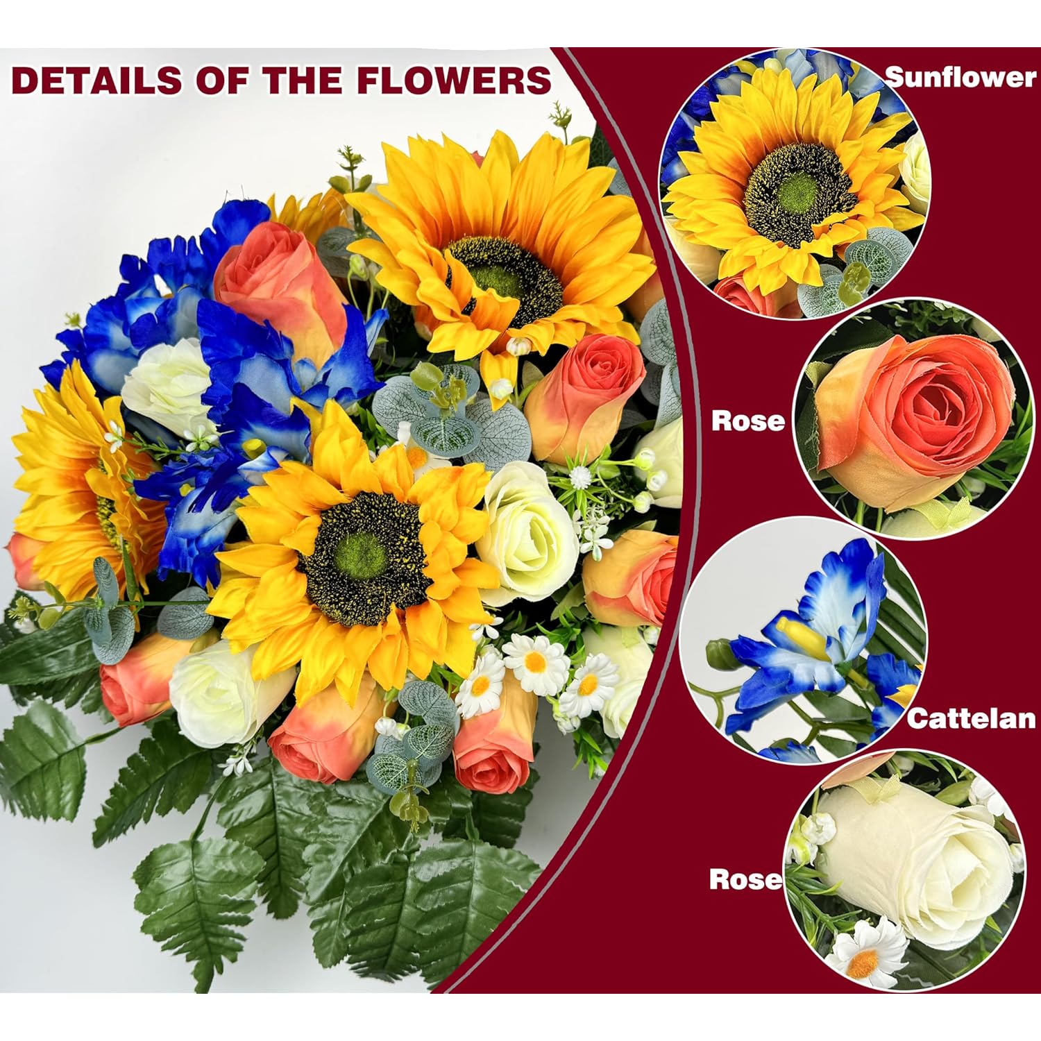 Artificial Cemetery Flowers For Grave Decoration: Sympathy & Memorial Bouquets With Headstone Saddle – Sunflower, Rose, Cattleya – Fade-Resistant