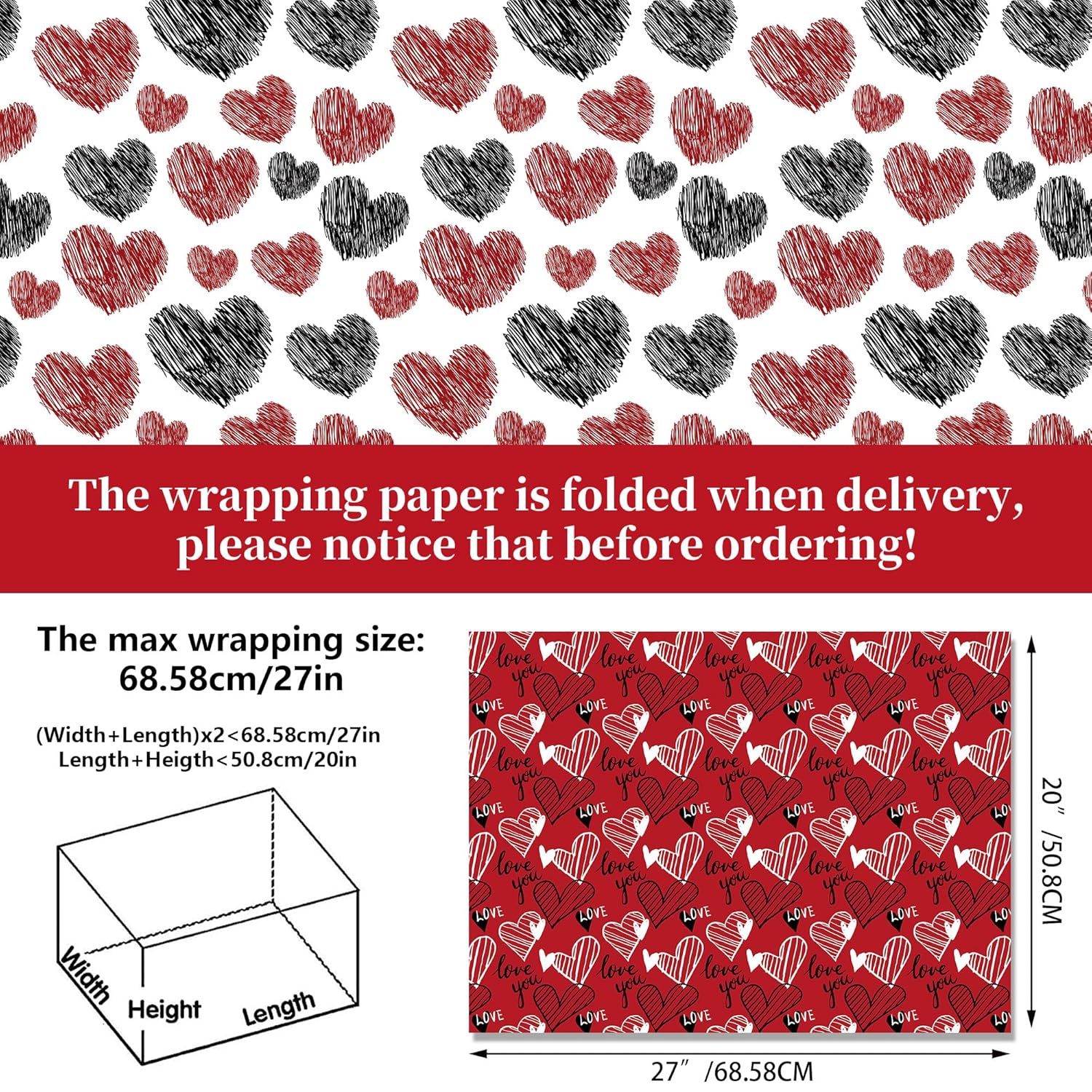 12 Sheets Valentine'S Day Wrapping Paper, Love Heart And Sweet Lips Gift Wrapping Paper For Men Women Husband Wife Girl Friends Boy Friends Couple Valentin’S Day Party Favors Gift Decor
