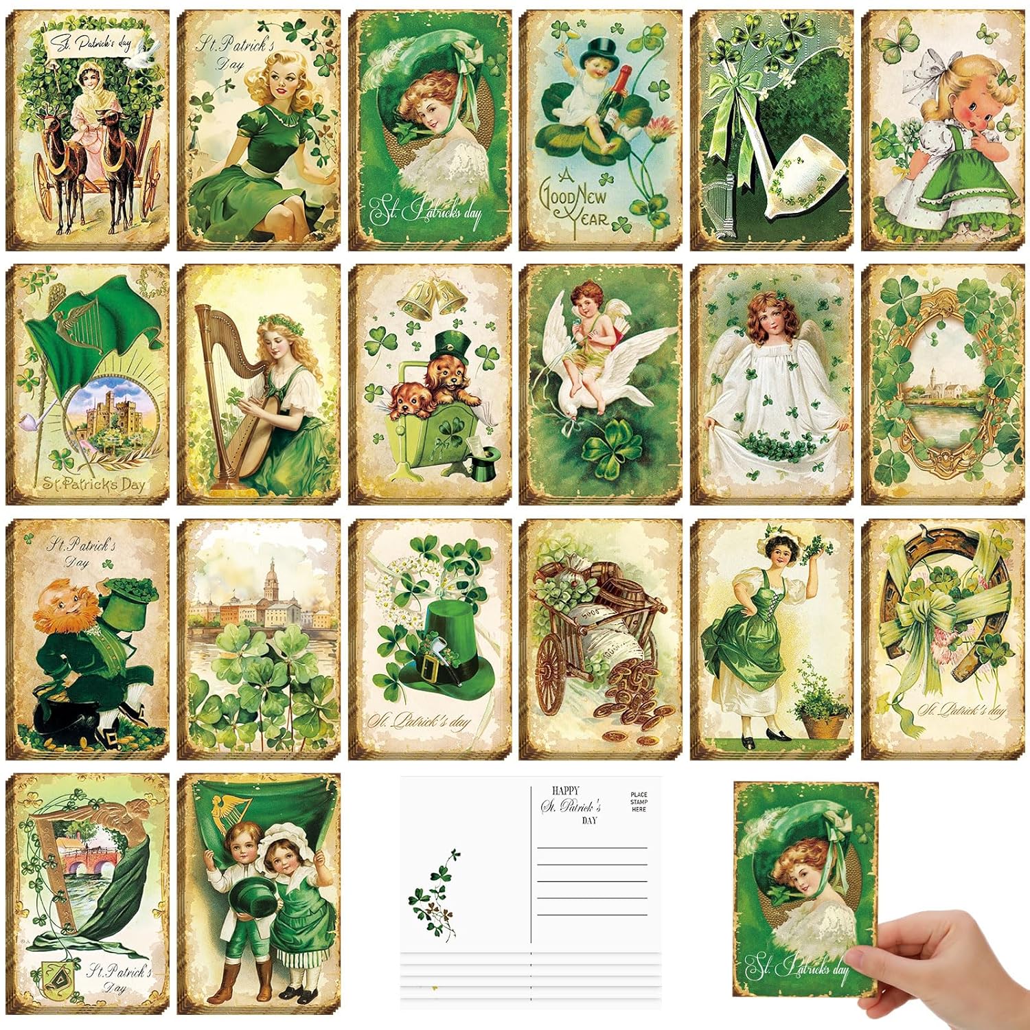 80 Pcs Vintage St. Patrick 'S Day Cards Bulk 4 X 6'' Green Shamrock Saint Patricks Day Postcards Clover Irish Greeting Cards Gifts For Holiday Irish Party Favor Celebrations Supplies