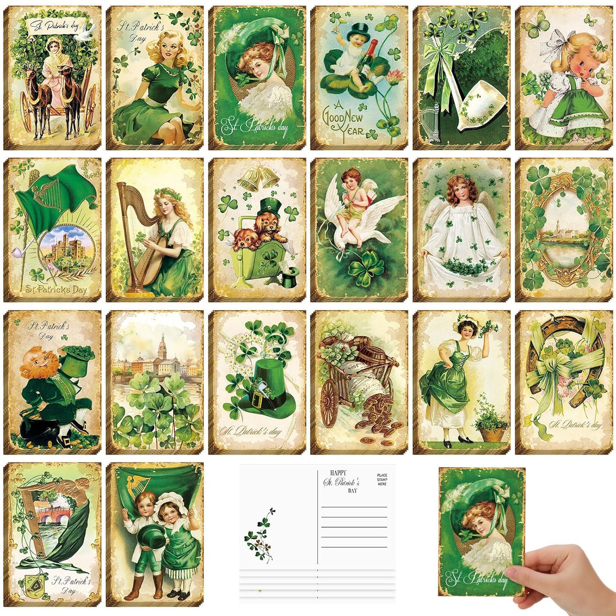 80 Pcs Vintage St. Patrick 'S Day Cards Bulk 4 X 6'' Green Shamrock Saint Patricks Day Postcards Clover Irish Greeting Cards Gifts For Holiday Irish Party Favor Celebrations Supplies