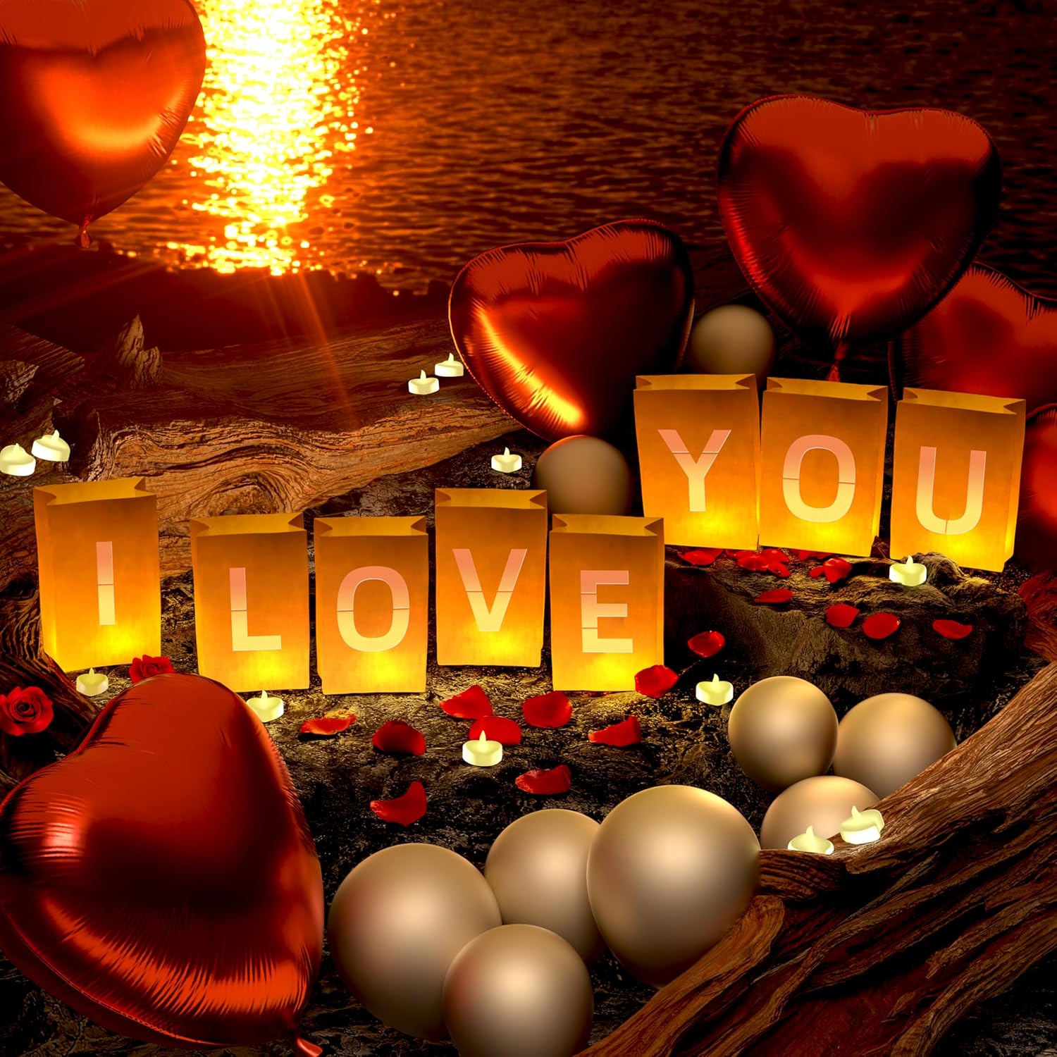 I Love You Light Up Letters, With Tea Lights Candles, Rose Petals, Pearlescent Foil Balloons - Luminary Paper Bags, Anniversary Decorations And Valentines' Day Decorations For Your Loved One