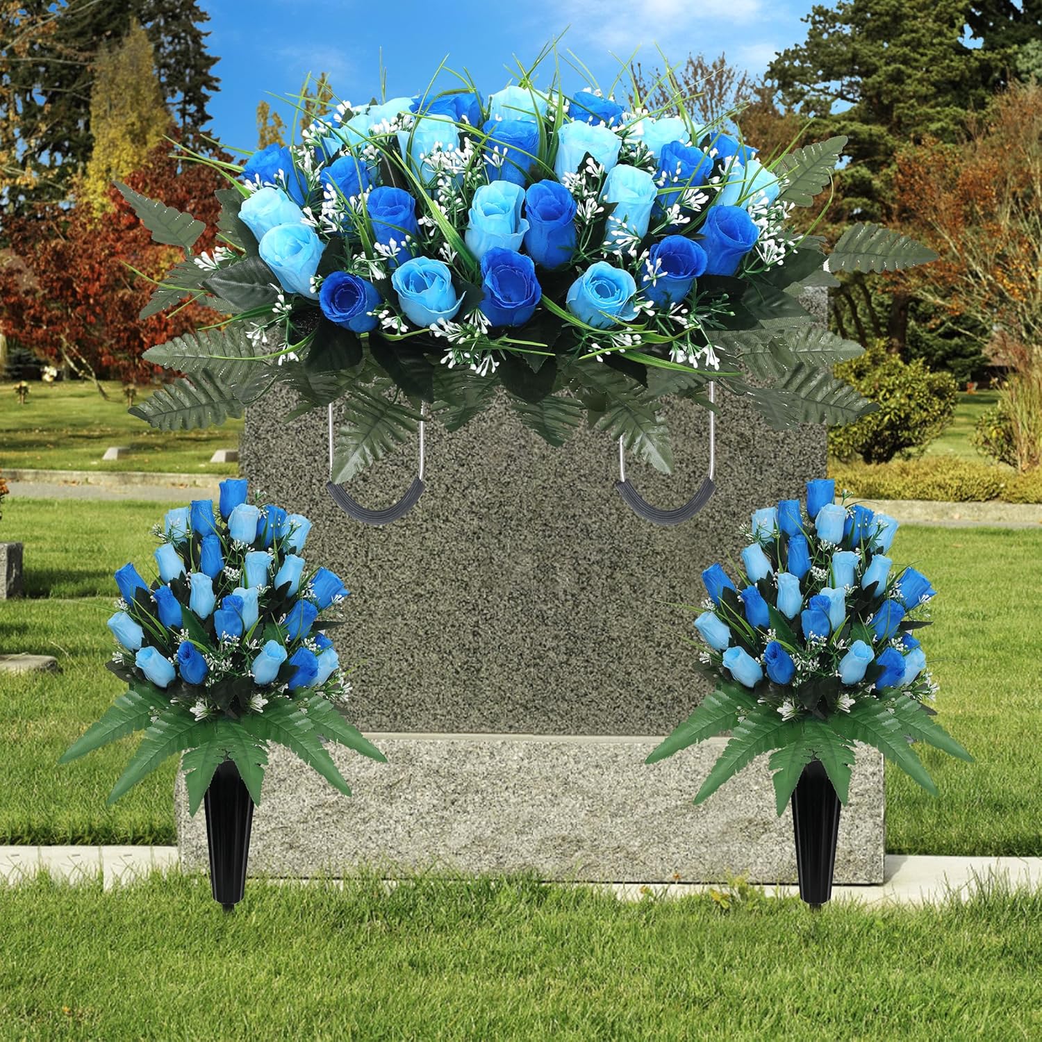 3Pack Artificial Cemetery Flowers For Grave,Headstone Flower Saddle Gravesite Decoration Roses Memorial Bouquets With Cemetery Vase For Cemetery Decorations Non-Fading Easy Fit (Blue)