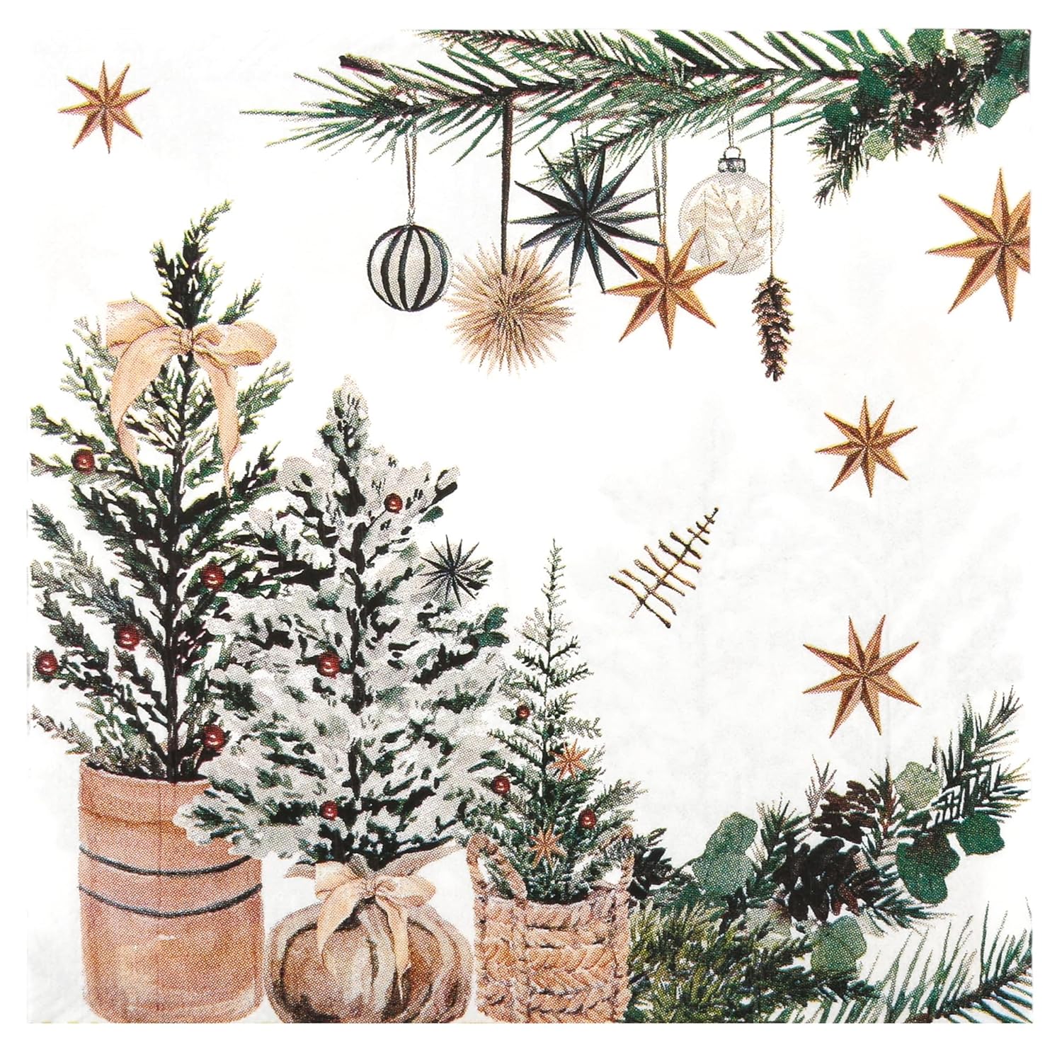 100Pcs Xmas Trees Holly Pine Cone Paper Napkins Winter Greenery Disposable Party Napkin 6.5" Christmas Cozy Boho Luncheon Hand Towel For Decoupage Holiday Party Table Decor