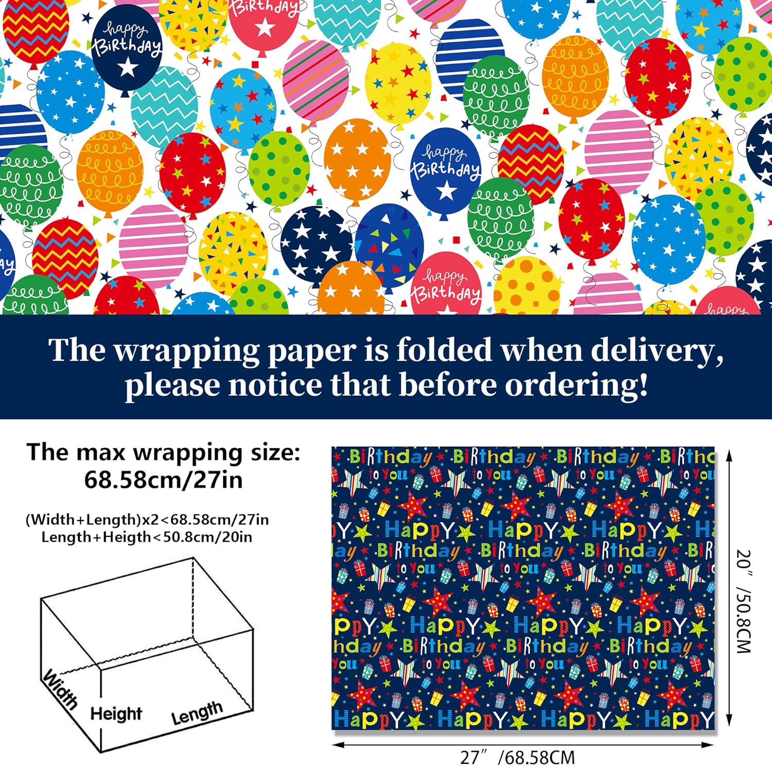 12 Sheets Happy Birthday Gift Wrapping Paper 6 Design With “Happy Birthday” Candles, Balloons, Colorful Stripes Pattern Pad For Boys, Girls, Women, Men, Ideal Gift Wrap For Holiday Parties 20'' X 27''