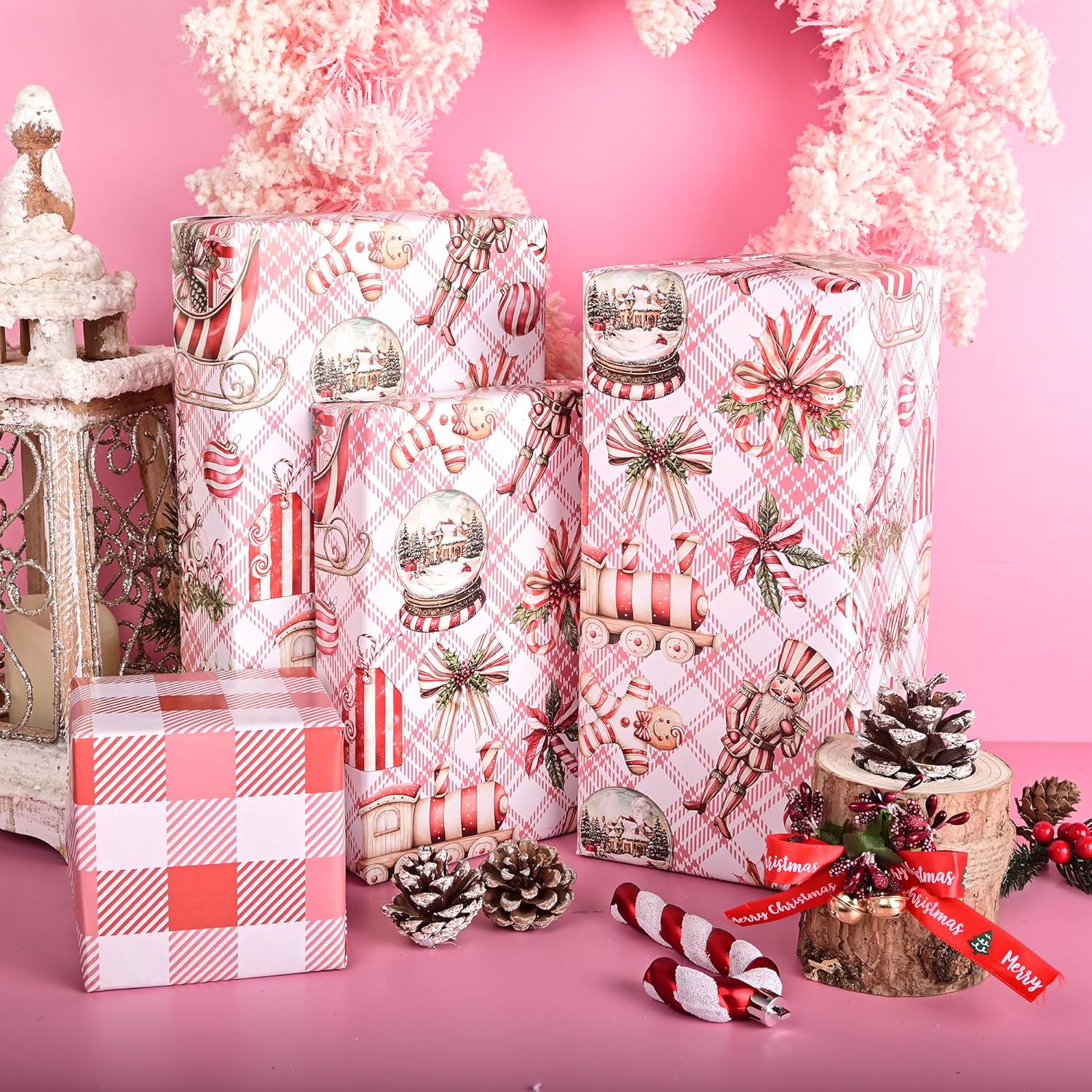 Candy Cane Christmas Wrapping Paper Roll For Kids Girls Women - Red Plaid Bow Design Gift Wrap For Holiday Total 28.5Sq.Ft