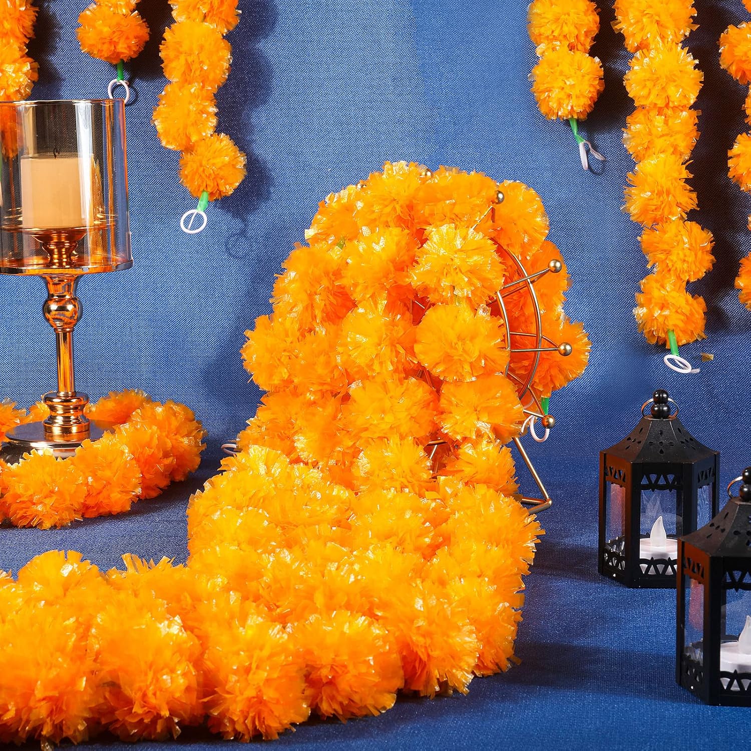 15 Pack Marigold Garland For Decoration 5 Ft Long Strands Faux Artificial Marigold Flowers For Dia De Los Muertos Diwali Indian Wedding Party Decorations(Light Orange)