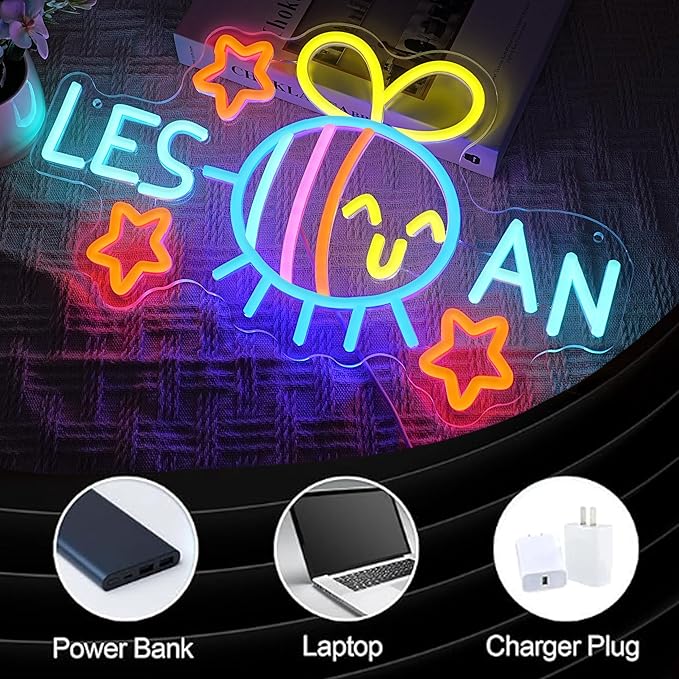 Bee Star Lesbian Neon Sign Dimmable Rainbow USB LED Wall Light for LGBTQ Pride Bedroom Bar Party Decor