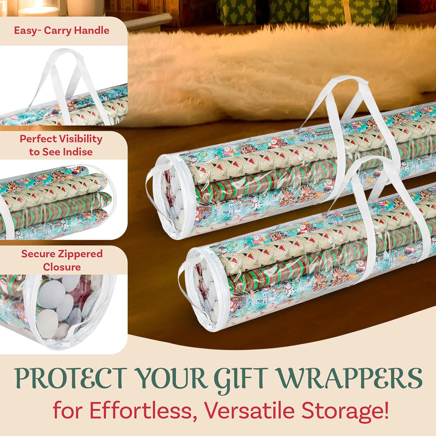 Wrapping Paper Storage - Set Of 2 Organizers For 50 Rolls Of Gift Wrap - Clear Totes With Handles For Holiday, Christmas, Or Any Occasion By