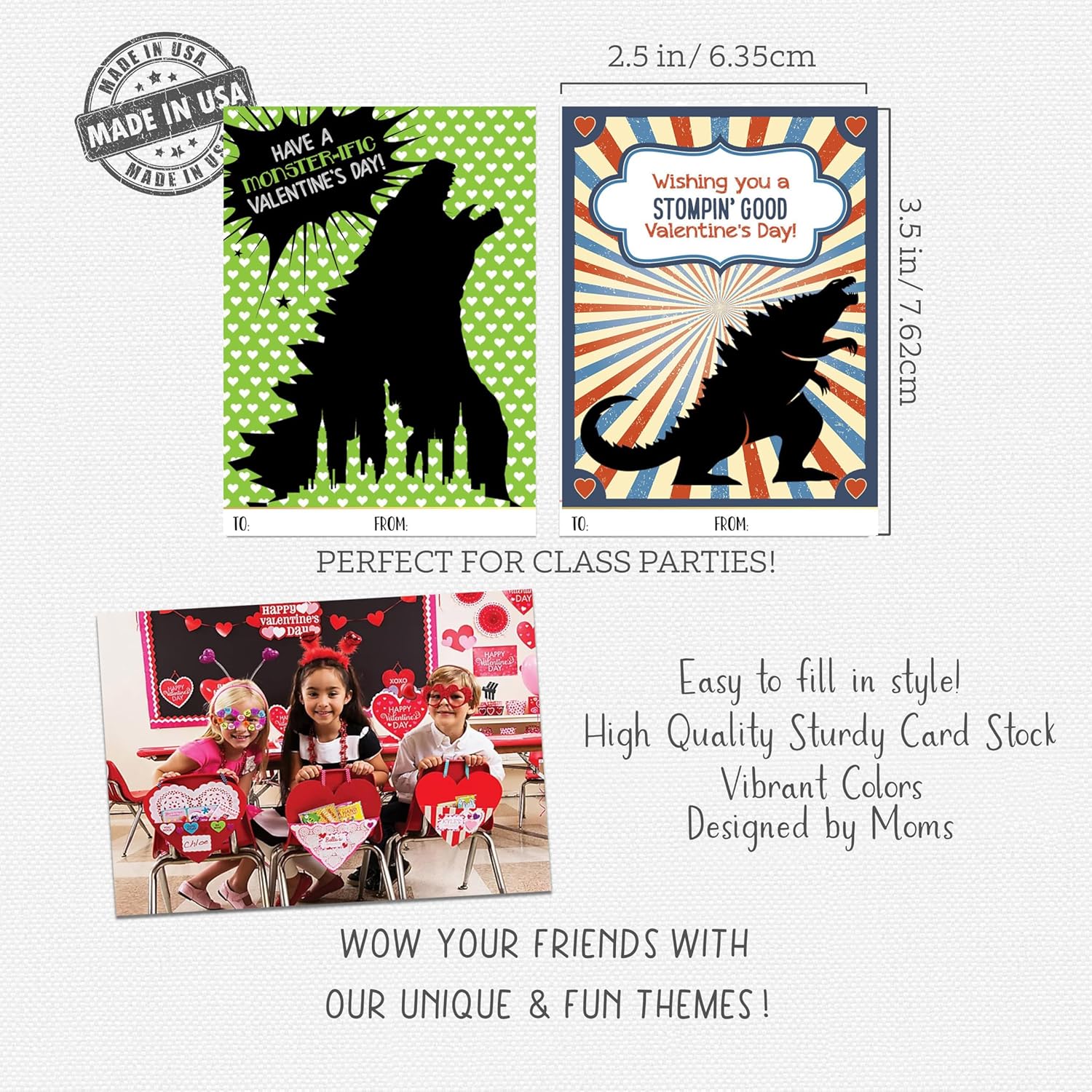 Monster Zilla Themed Valentines Day Card For Kids School Classroom Exchange (Set Of 24) Sharing Gift Giving Valentine'S Children