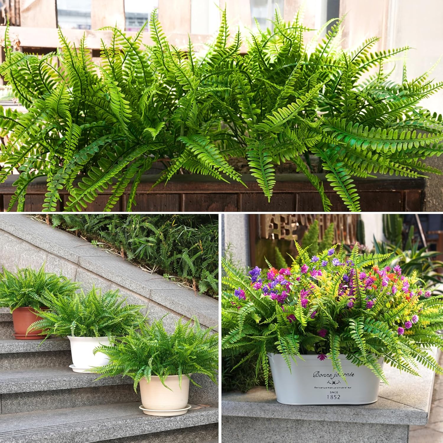 12 Bundles Artificial Boston Ferns Artificial Plants Outdoor Greenery Stems Faux Shrubs Uv Resistant For Garden Front Porch Table Window Box Home Decorations