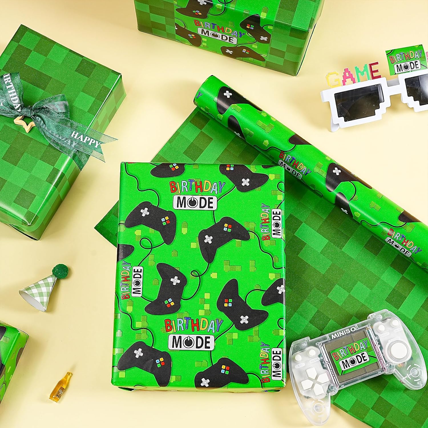 Reversible Birthday Gaming Wrapping Paper Roll, Mini Roll, Green Game Controller And Pixel Design Gift Wrap Paper For Kids, Boys, Game Lover, Birthday, Party, Holiday, 17 Inches X 16.4 Feet