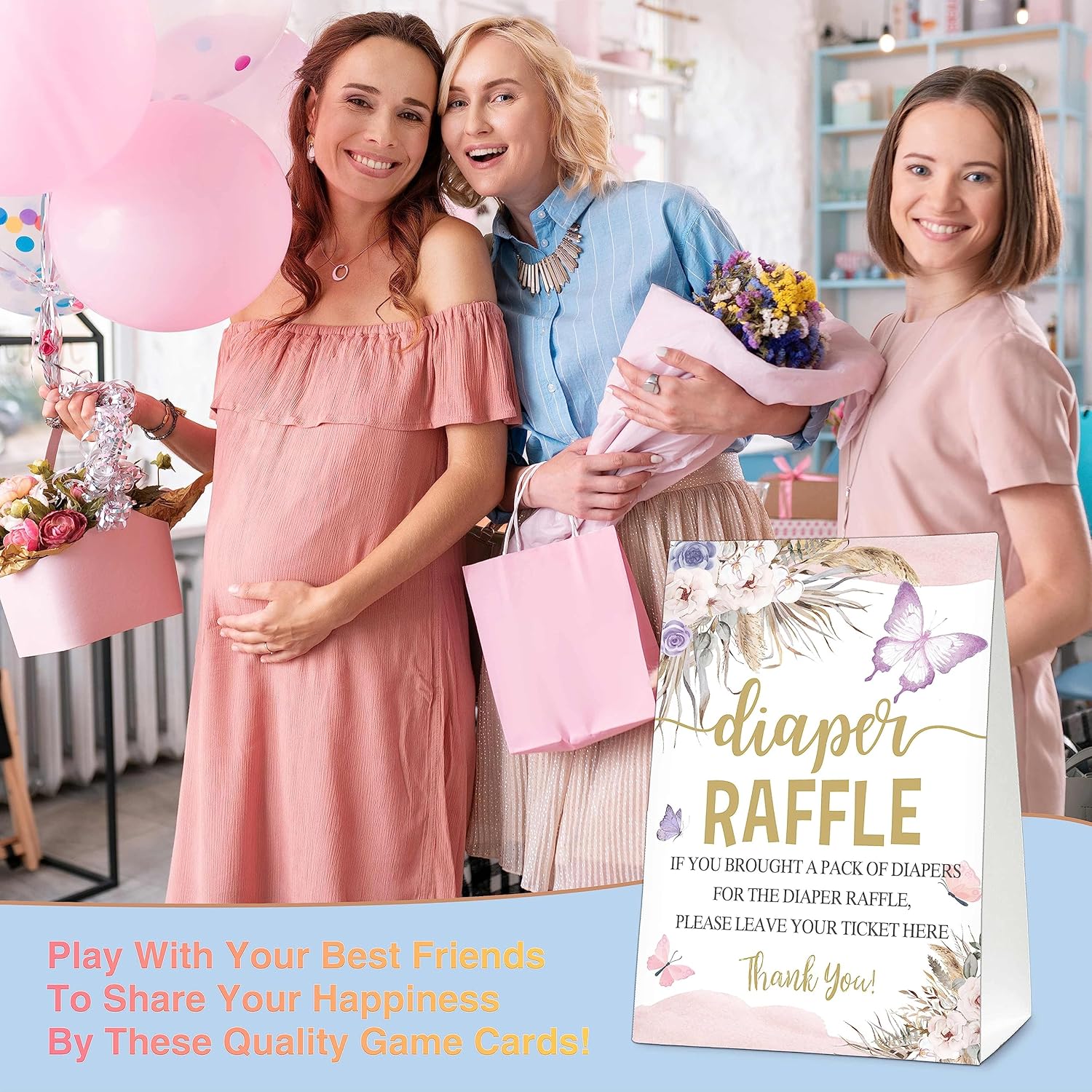 Baby Shower Game Set, 50 Diaper Raffle Tickets With 1 Standing Sign, Boho Butterfly Gender Reveal Party Decorations Supplies - C35